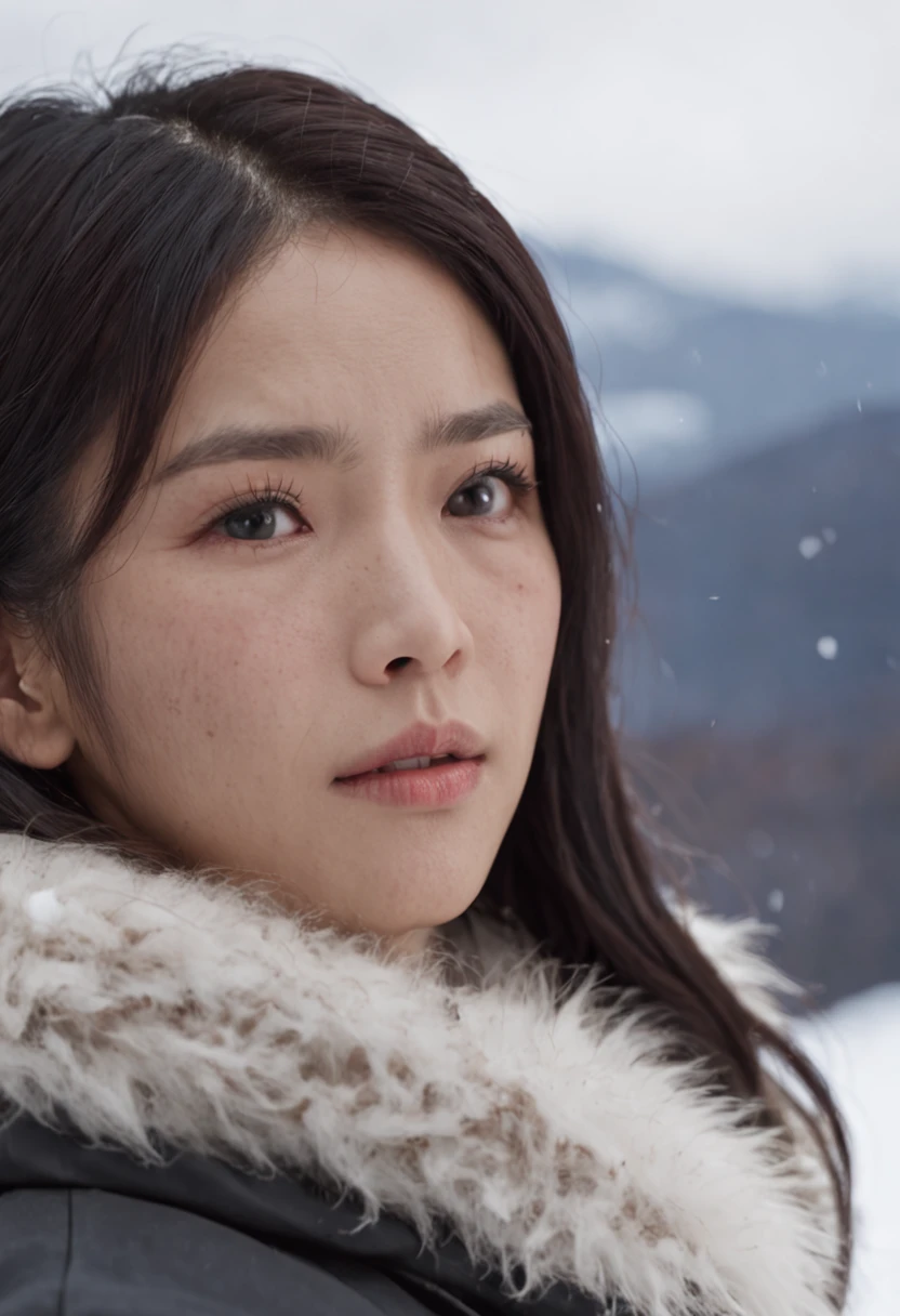 A long-haired Asian girl, Old off-white cotton jacket, Sit in front of the fire, The background is a snowy mountain in the wind and snow。Dark tones, Movie light。Heads-up mid-view, Cinematic style, complexdetails, HDR, black hair, dreadlocks, mole under eye, crying with eyes open, sad, bust chart, Eye-Level Shot, first-person view, 8K, UHD, textured skin, anatomically correct, masterpiece