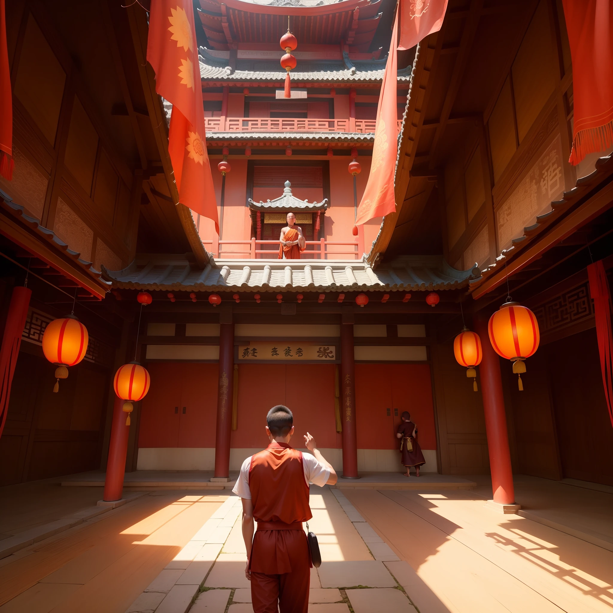 Two people inside a Chinese temple, One guy is a monk and the other is a Chinese child, estilo como se estivesse desenhando