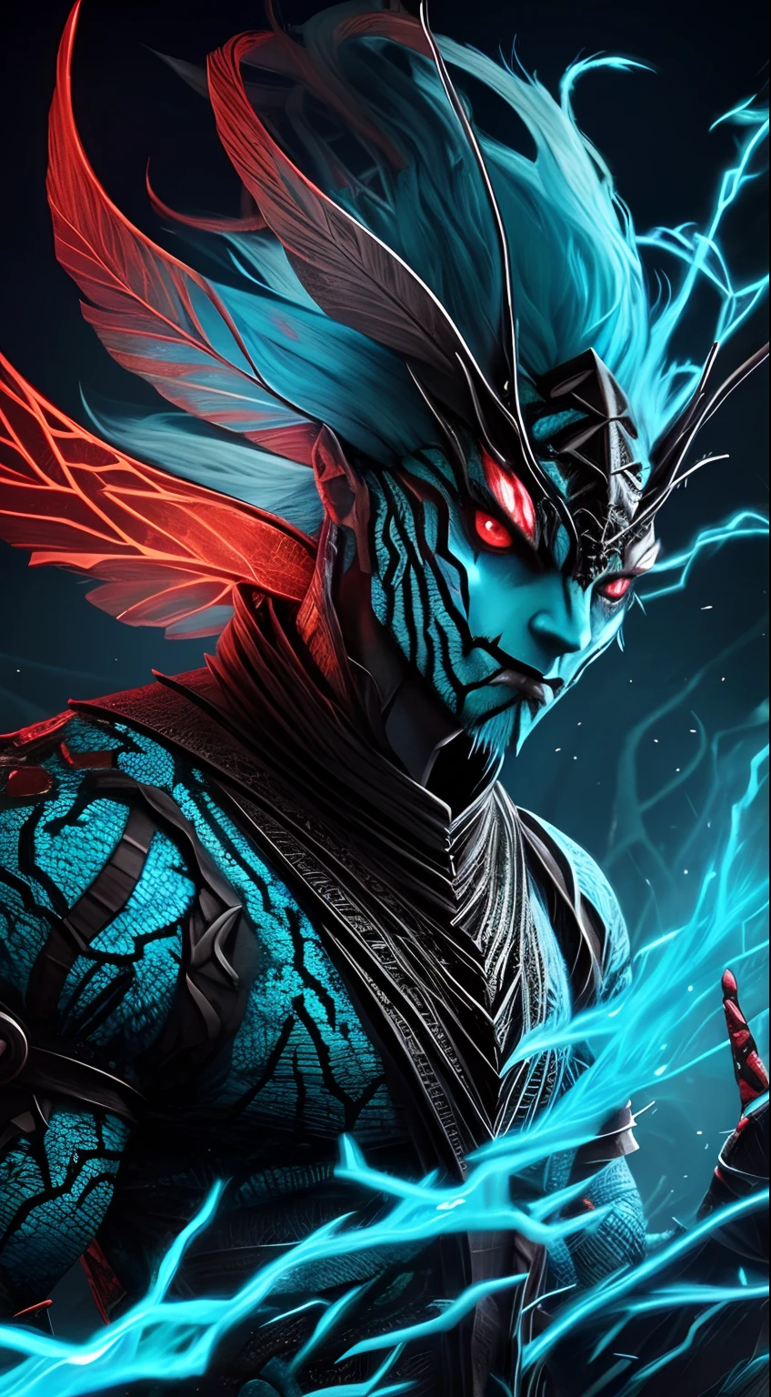 A cyan face cracked,Freak with red eyes,Looming scales, In the style of twisted branches, Made of insects, Burning/ charred, Process design, Supernatural creatures, Realistic characters, Underground fireflies, Burning blue cotton hair,Cool drag