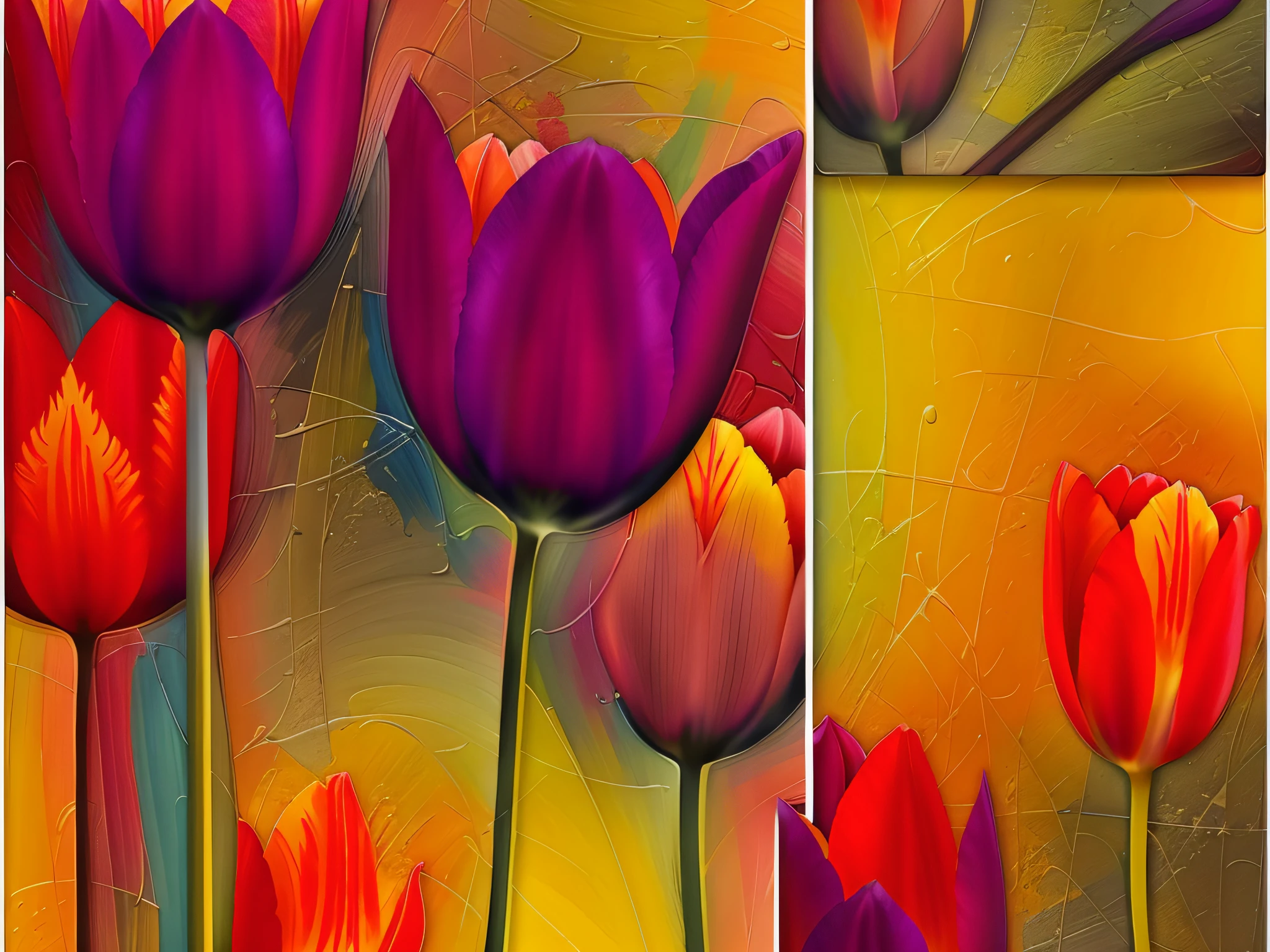 there are three pictures of a painting of tulips in different colors, details and vivid colors, glossy digital painting, vibrant digital painting, digital painting style, vibrant color details, elegant digital painting, in style of digital painting, high detail digital painting, highly detailled texture, detailed digital artwork, rich vibrant detailed textures, warm and vibrant colors, rich vibrant colors