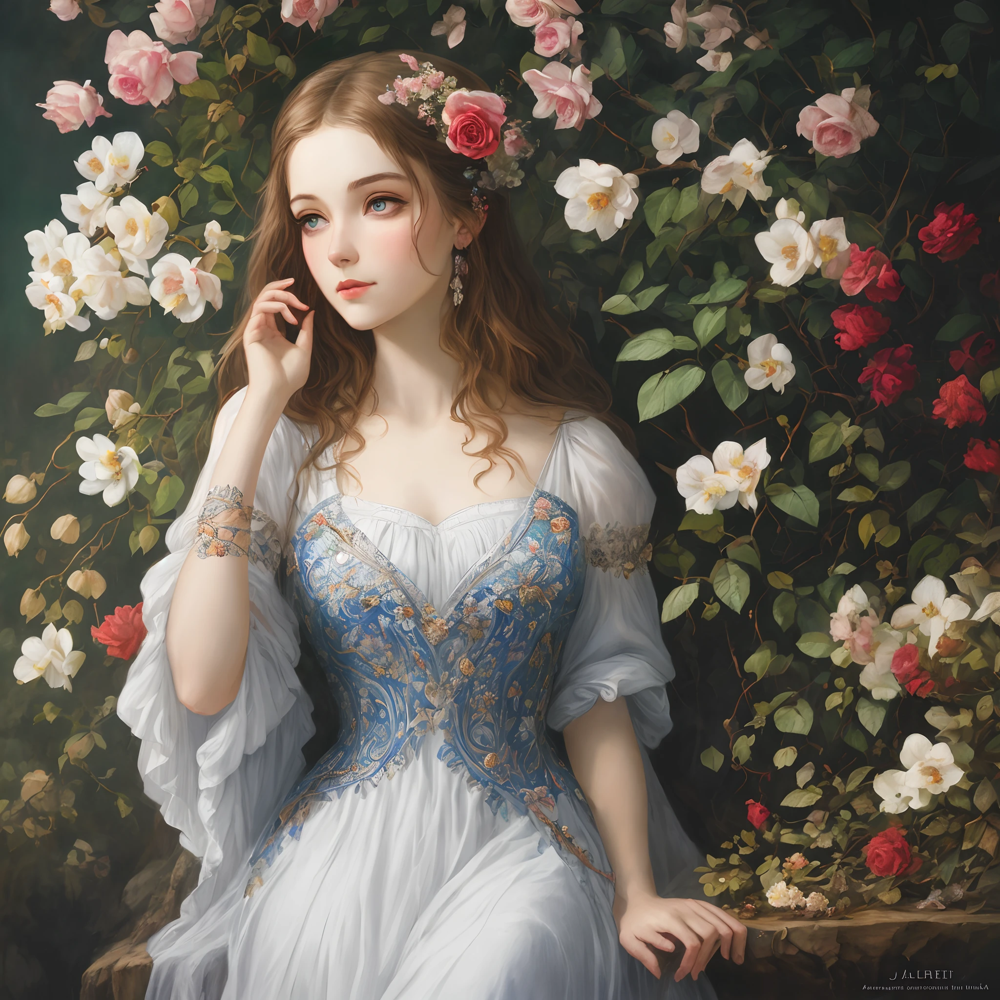 Rotting roses,beautiful  girl,Romantic,Bits and pieces of flowers,dark cloude,Dark wash,dreamlike landscapes,Fantastic orchids,Diffused light,Fantastical,intricate complexity,Elegant,Highly detailed,Lifelike,photographrealistic,Digital painting,State of the art,illustratio,concept-art,smoothness,tack sharp focus,Art by John Collier and Albert O'Brie,The art of Krenz Kusart and Artem Demoula and Alphonse Mucha,