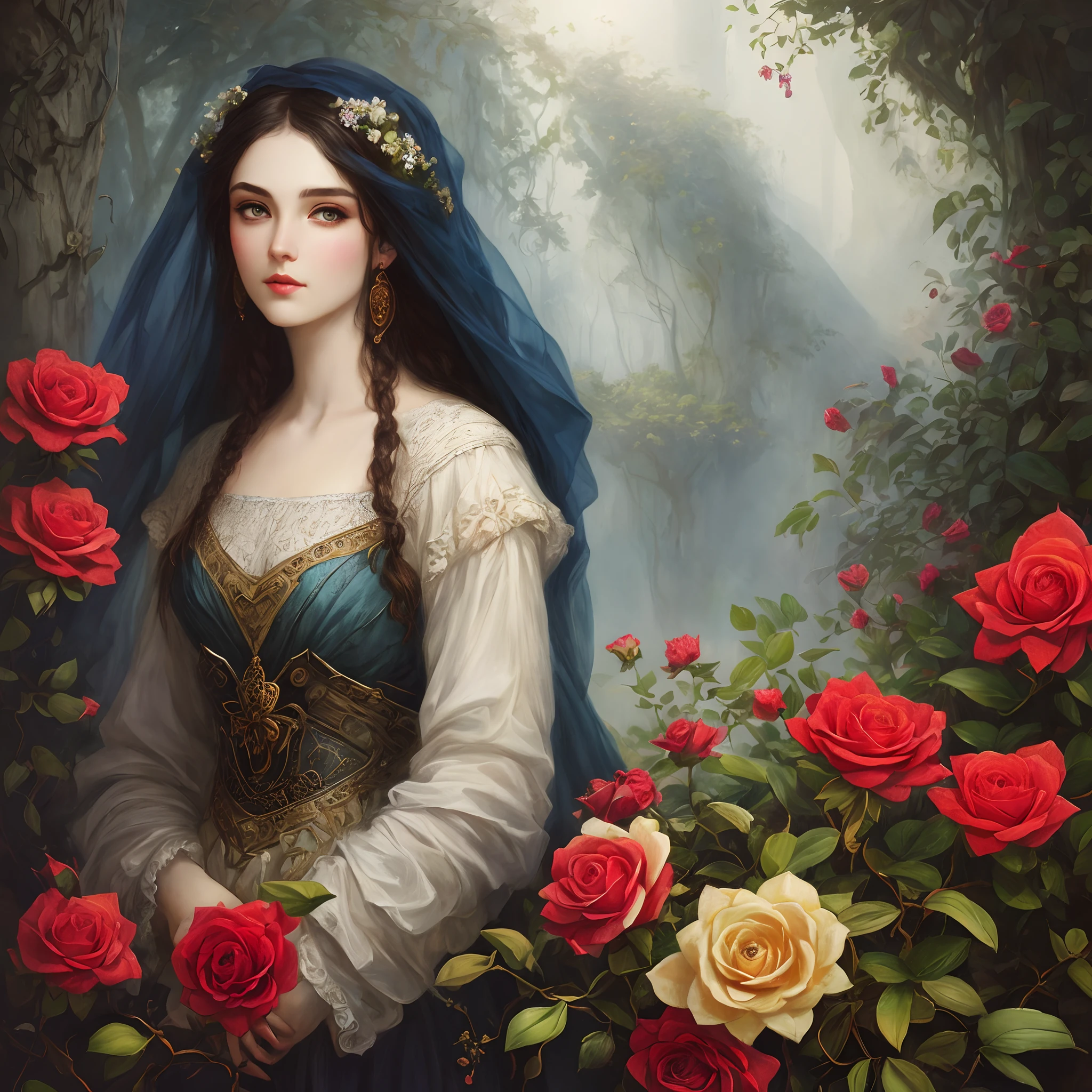 Rotting roses,beautiful teenage girl,Romantic,Bits and pieces of flowers,dark cloude,Dark wash,dreamlike landscapes,Fantastic orchids,Diffused light,Fantastical,intricate complexity,Elegant,Highly detailed,Lifelike,photographrealistic,Digital painting,State of the art,illustratio,concept-art,smoothness,tack sharp focus,Art by John Collier and Albert O'Brie,The art of Krenz Kusart and Artem Demoula and Alphonse Mucha,