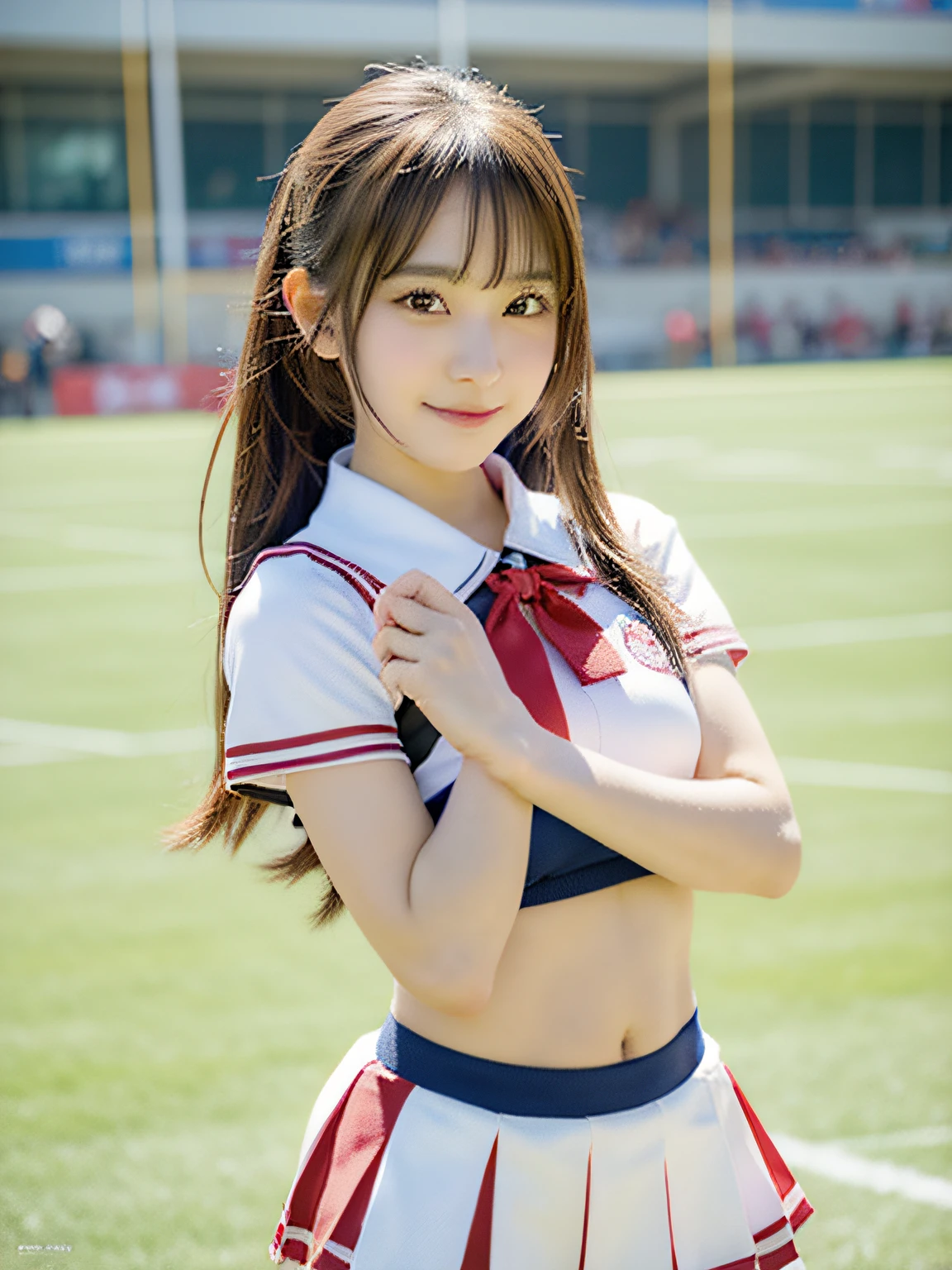 A beautiful Japanese girl、(Cheerleading Costumes),dance、(White skin)、Baseball stadium stands,Separated chest、whole body、Thighs、bangmall breasts、Small Mouth、Nipples are visible、Small areola、Long Hair