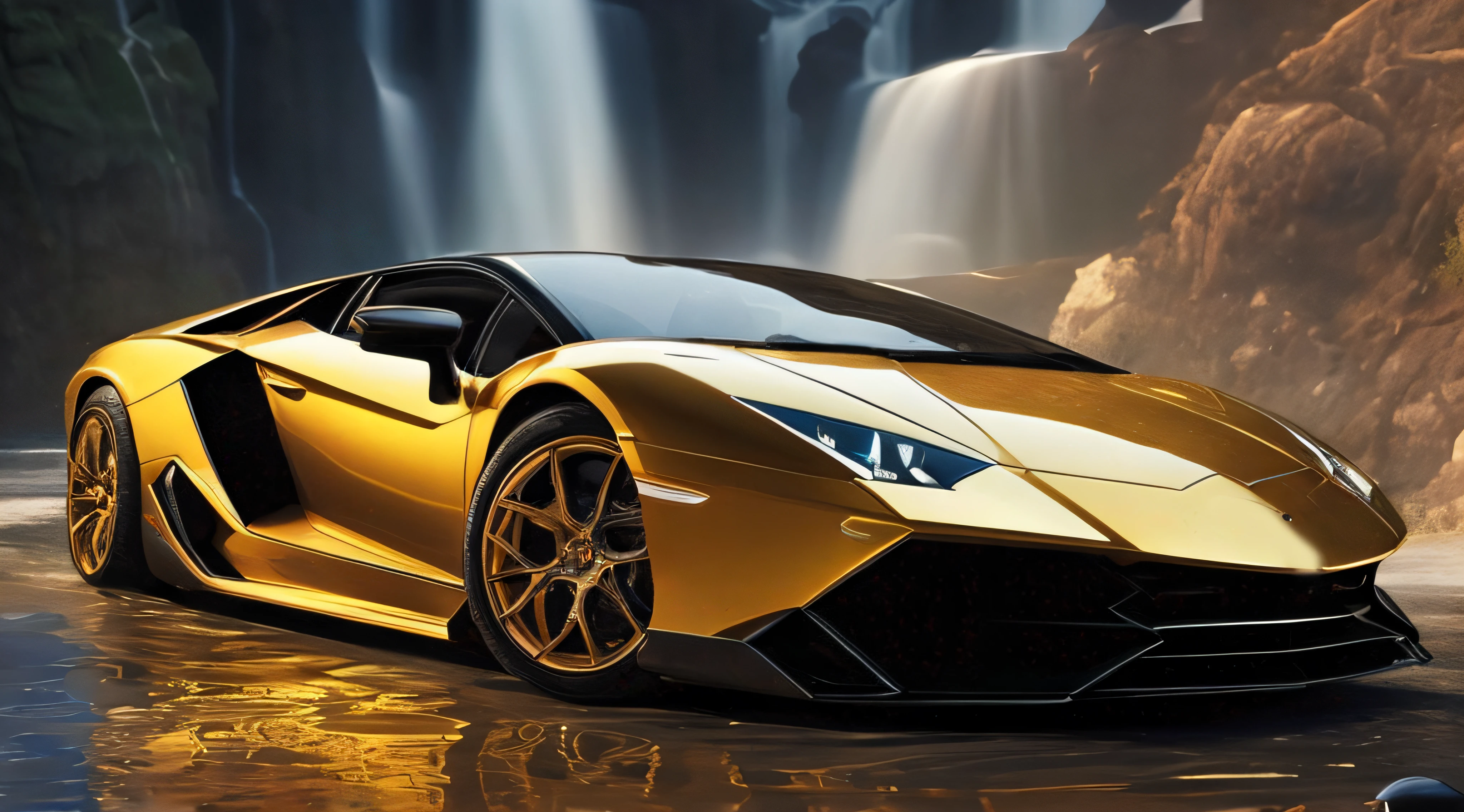 um close up de um lambo dourado estacionado em frente a uma cachoeira, Estilo Lamborghini Ousado, Lamborghini, wallpaper mobile, papel de parede 4k, papel de parede 4K, Supercarro, cachoeiras de ouro, papel de parede hd, Papel de parede - 1 0 2 4, papel de parede hd, fundo do papel de parede, Papel de parede 4K, Papel de parede 4k, luxury hd render, papel de parede de alta qualidade, paper awesome wallpaper, Super carro