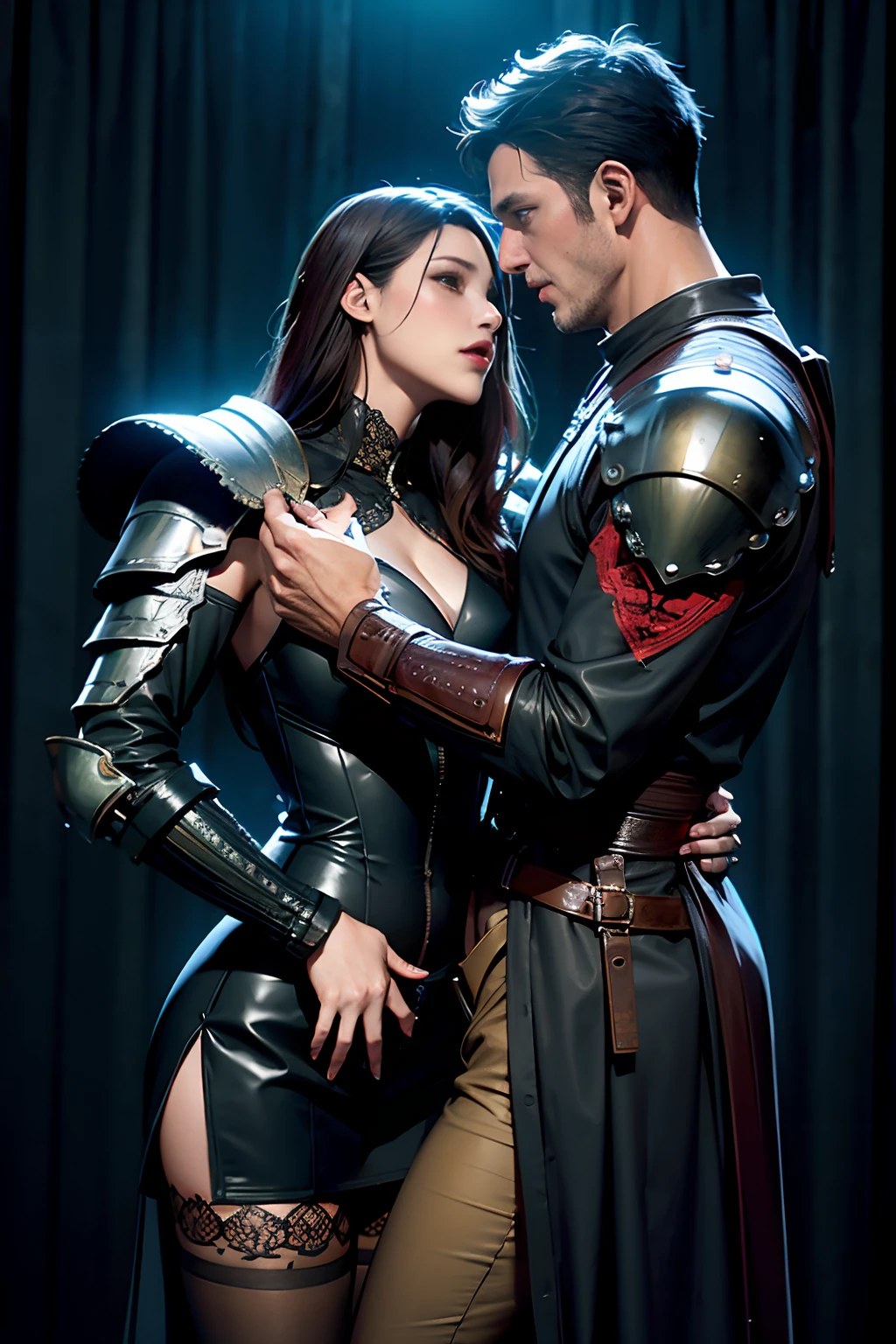 Longing image of 1 man and 1 woman in medieval costume,Four eyes opposite，Lovingly，Sexy dress for women，The man wears armor，husband and wife，couple， black leather robes! Hugged，Kiss，Petting the，Love，Love liquid，(Being touched by men:1.5)，(Being stroked by a man's crotch:1.5)，Background medieval architecture，A plant，Intricate, fantasy photoshoot, roberto ferri and ruan jia, wearing leather assassin armor, the witcher)), wearing leather armor, fantasy leather clothing, cosplay, professional cosplay, full-cosplay, realistic cosplay, sakimichan and frank franzzeta, Gorgeous Role Play，character turnaround sheet, Front view Side view Rear view, Black and green armored samurai, Surrealist dark art, trending on artstationh, Sharp focus, Intricate details, Highly detailed, by Greg Rutkowski, Dark souls, Bloodborne Unreal Engine 5, Cinematic, Color grading, Portrait photography, Ultra-wide angle, Depth of field, Hyper-detailed, beautifully color-coded, insanely details, Intricate details, beautifully color-graded, illusory engine, Cinematic , Color grading, editorial photography , Photography, photoshoot, Shot on 70mm lense, Depth of field, degrees of freedom, Tilt Blur, Shutter speed 1/1000, f/22