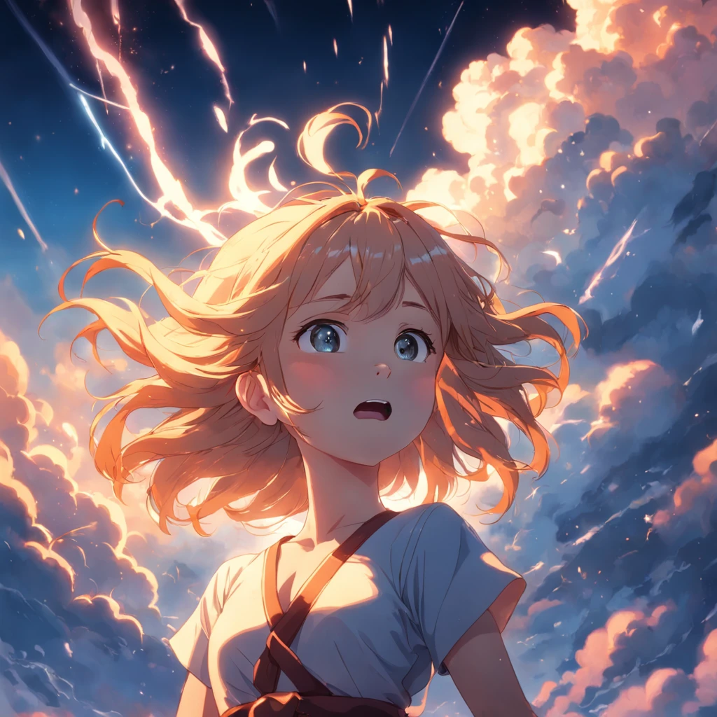 masterpiece, best quality, movie still, 1girl, cloud girl, floating in the sky, close-up, bright, happy, warm soft lighting, sunset, (sparks:0.7)