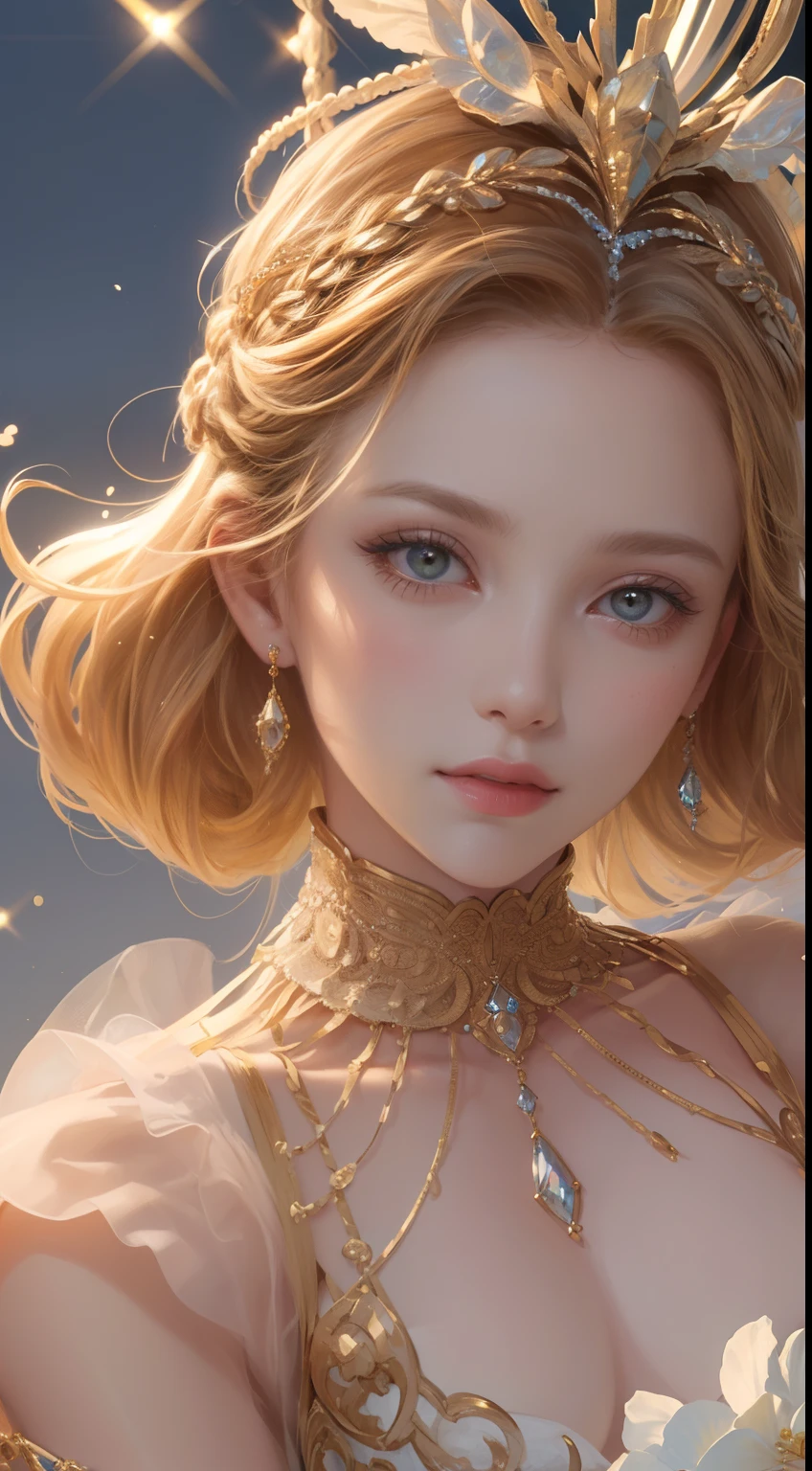 (Ultra-high quality masterpiece,Beautiful bust of an 18-year-old noble girl,Delicate classical coiled hair,Braided hair,The eyes are shiny and clear,Floral craftsmanship,crystal、Diamond jewelry(head gear,ear jewelry,Neck ornaments,hands ornaments,waist chains),Ultra-fine details,Soft lighting)
