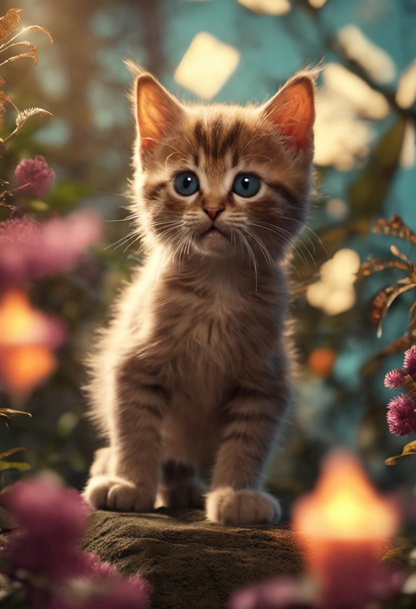 Room kittens jumping in the forest very cute close-up photos, Soft volumetric lamp (retroiluminação: 1.3), (kinematics: 1.2), intricately details