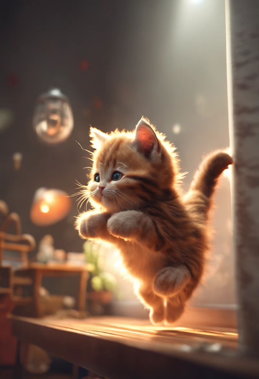 Room kittens jumping in the forest very cute close-up photos, Soft volumetric lamp (retroiluminação: 1.3), (kinematics: 1.2), intricately details