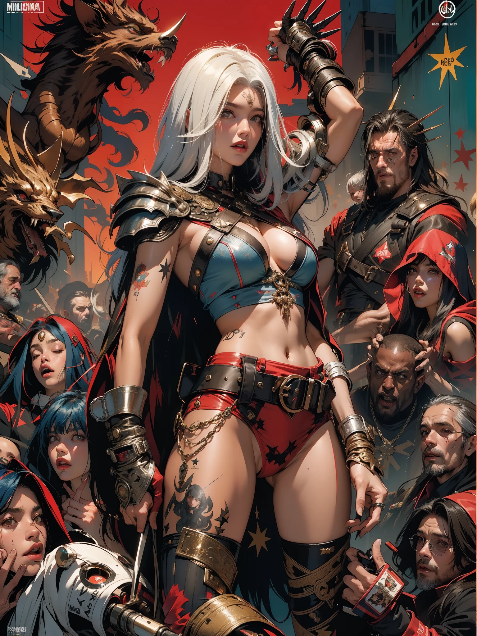 (((mulher))), ((( Estilo Simon Bisley ))), (((melhor qualidade))), (((obra prima))), (((adulto))), (((1girl))), ((( corte de cabelo bob ))), Uma gladiadora mulher de 25 anos com corpo perfeito, Graphic novel layer, (( corte de cabelo bob )), tiny leather panties, coxas nuas, quase nua no estilo selvagem urbano de Simon Bisley para a capa da revista Heavy Metal, Cabelo moicano curto, Minimum clothing, Metal protection on the left arm with intricate graphics, Dark red with white stars and checkerboard pattern dark blue and white, armadura, cheio de pregos, (((do joelho pra cima))), cabelos moicano colorido curto, acrylic painting