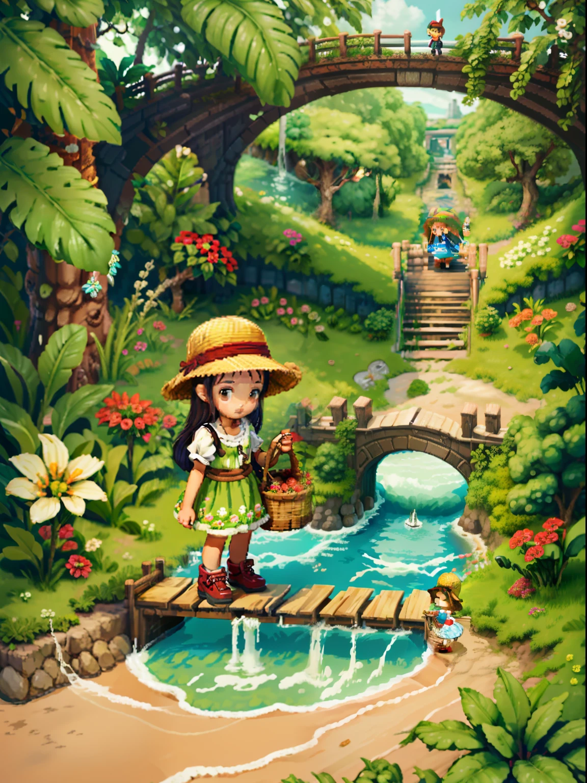 （Pixel art：1.4），Q version《 girl with teddy bear》，Straw Hat Hat，basket，Floral dress，Little red leather shoes，The tree，small bridge flowing water，small boats，Flowers and plants，（Future Tech Lodge：1.4），droid