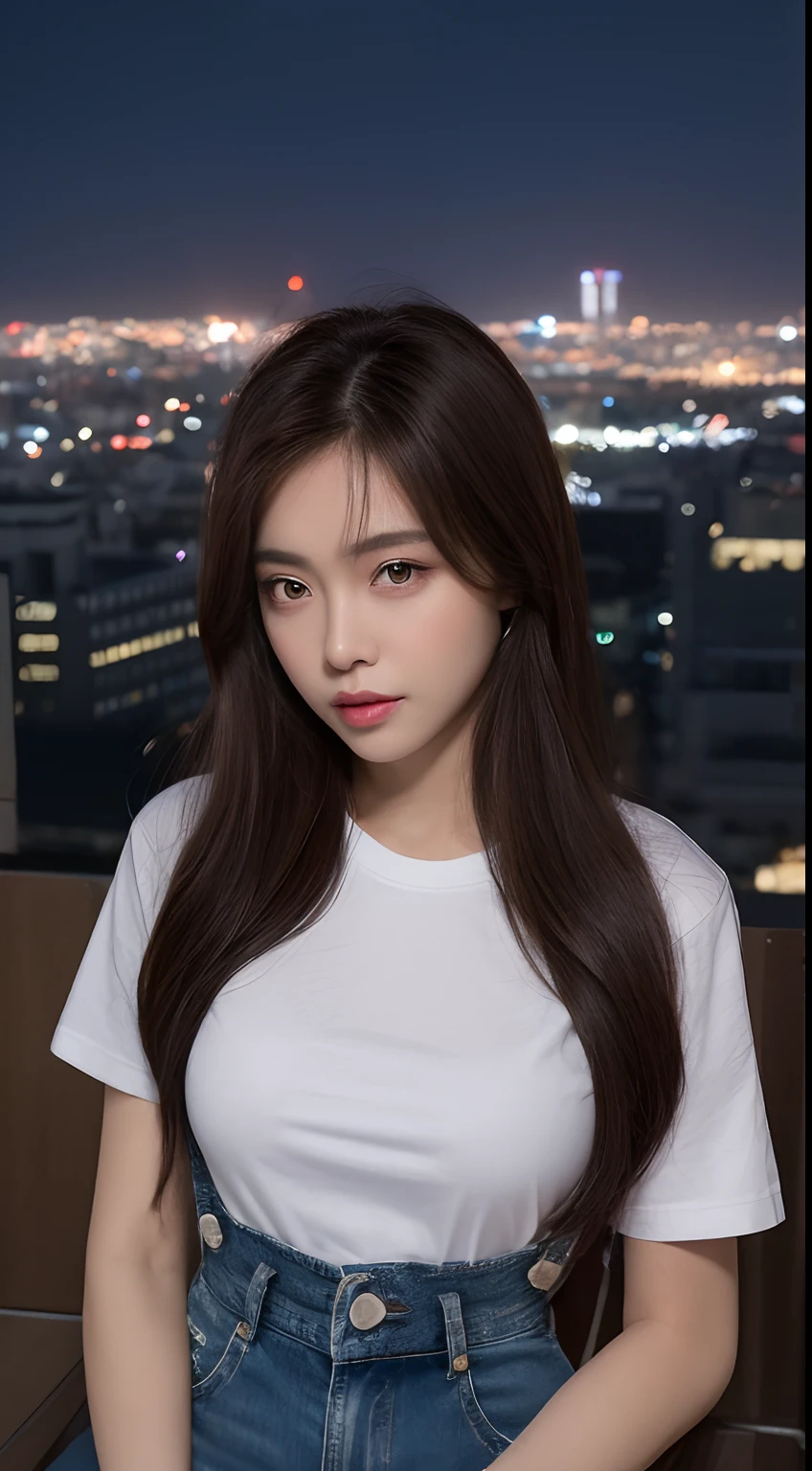 ((Midnight, Best quality, 8k, Masterpiece :1.3)), Whole body, Long legs, Sharp focus :1.2, A pretty woman with perfect figure :1.4, Slender abs :1.1, ((Dark brown hair, Big breasts :1.2)), (White tight tshirt, Jean bib, Standing:1.2), ((Night city view, Rooftop:1.3)), Highly detailed face and skin texture, Detailed eyes, Double eyelid