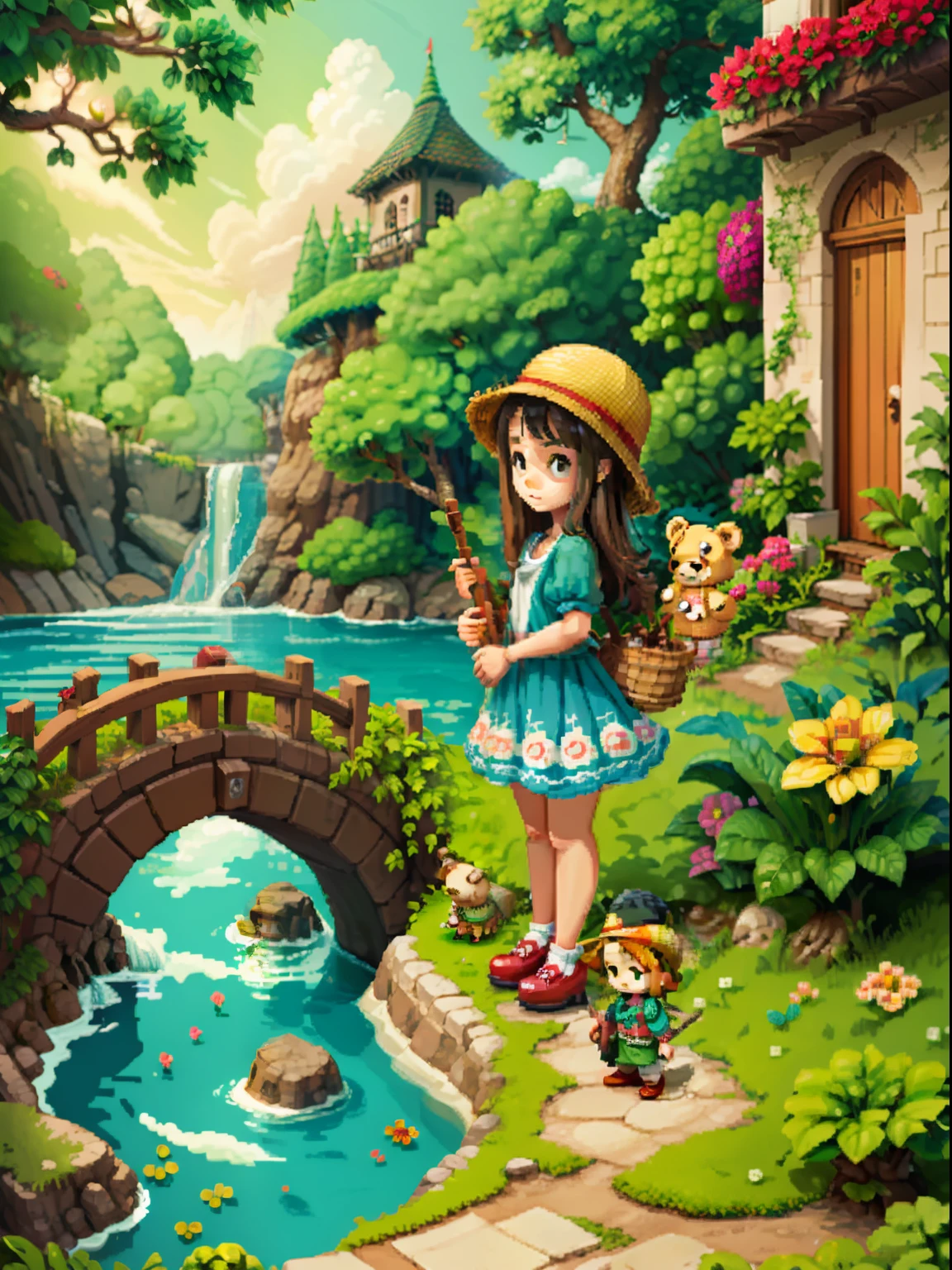 （Pixel art：1.4），Q version《*********** with teddy bear》，Straw Hat Hat，basket，Floral dress，Little red leather shoes，The tree，small bridge flowing water，small boats，Flowers and plants，（Future Tech Lodge：1.4），droid