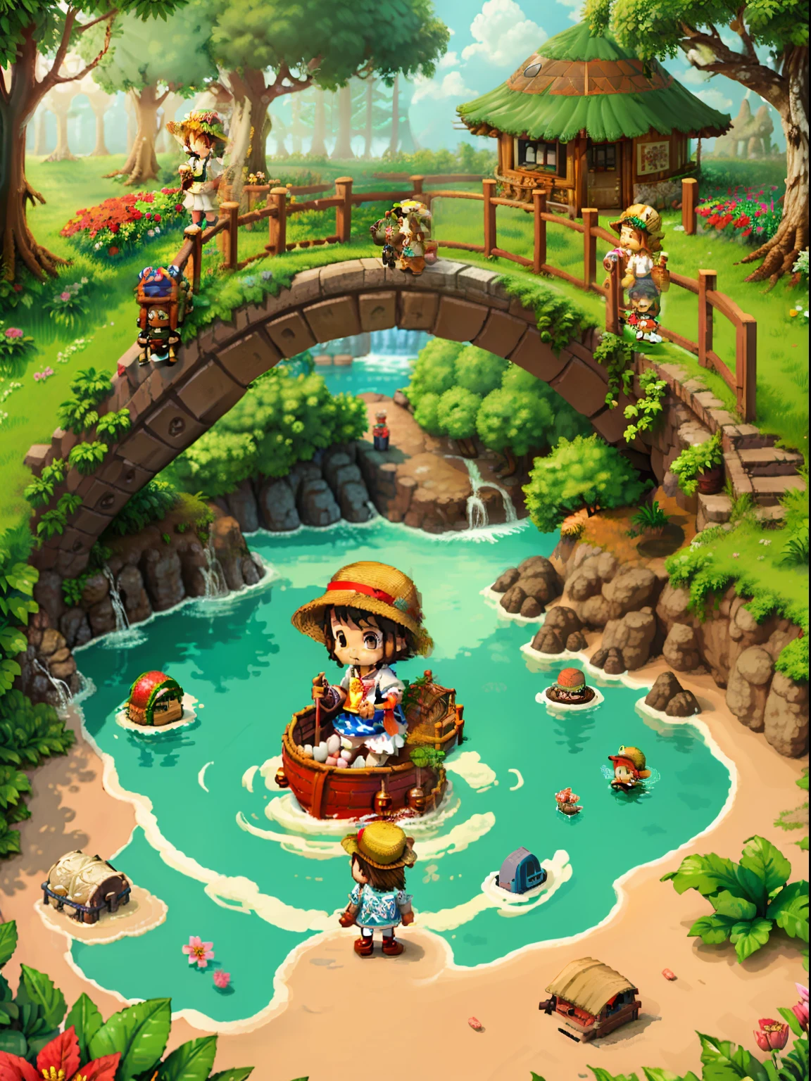 （Pixel art：1.4），Q version《*********** with teddy bear》，Straw Hat Hat，basket，Floral dress，Little red leather shoes，The tree，small bridge flowing water，small boats，Flowers and plants，（Future Tech Lodge：1.4），droid