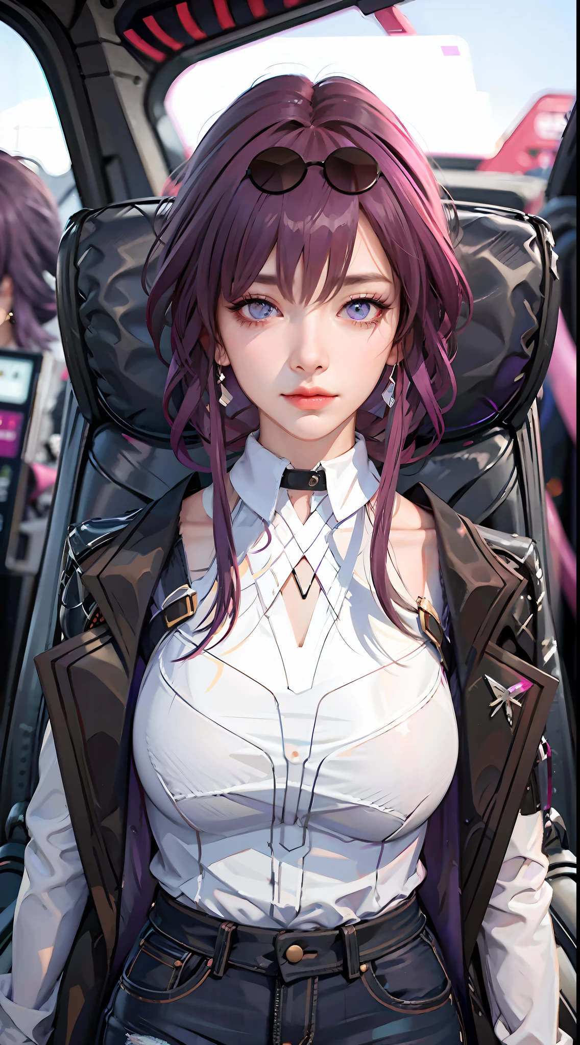 Masterpiece, Best Quality, 1girl, Official, Purple Eyes, Purple Hair, Bustiness, Denim Shot, Looking at the Audience, Dark, (Darkness), Cinematic Light, Edge Light, Delicate Eyes, (pureerosface_v1:0.5), Looking at the Audience, (Realisticity: 1.2), Provocative, Broken Star Track, Arrogant, Bangs Evil Face, Apocalyptic Background, Hot Pants, Shorts
