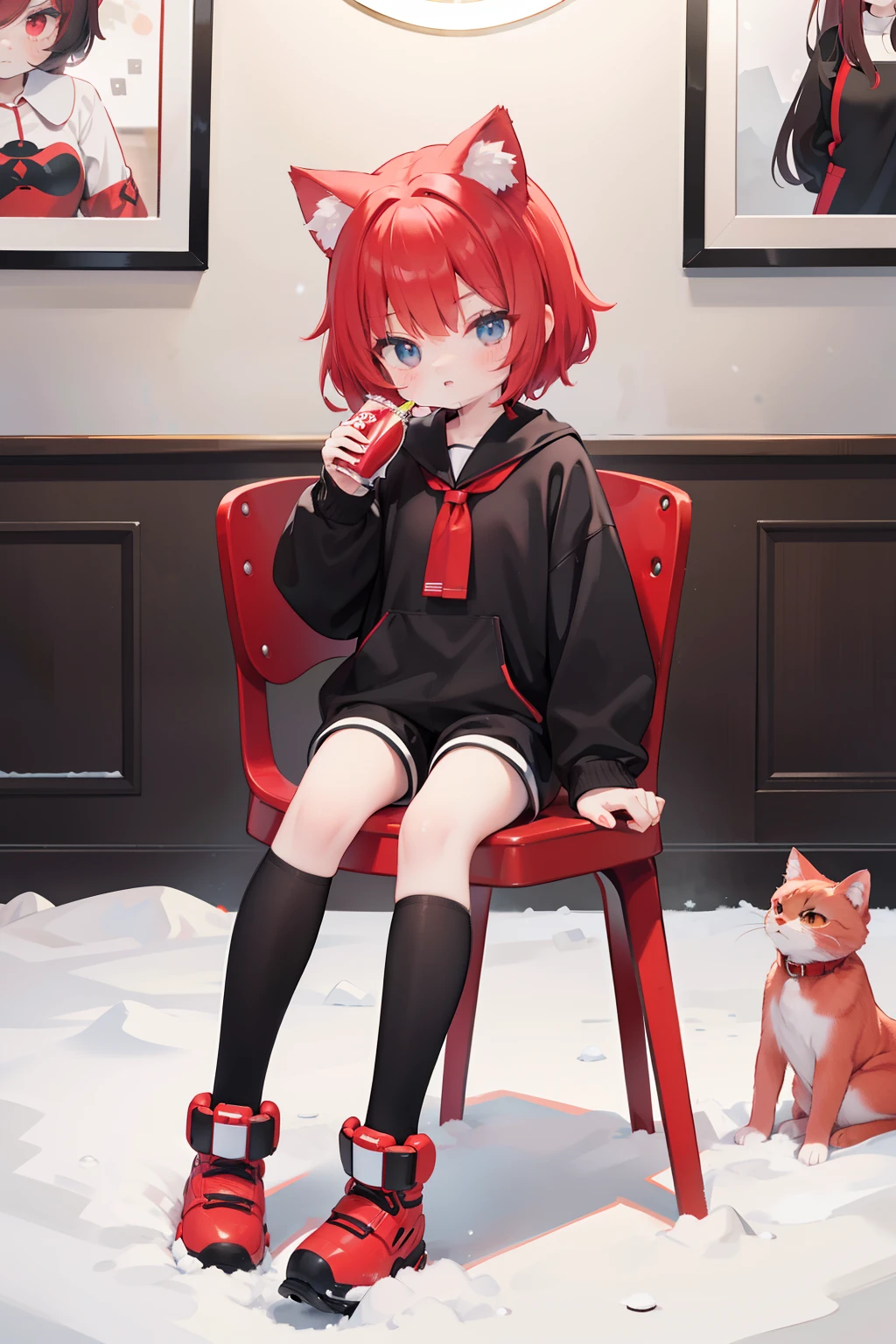 Full body frontal photography one sitting on a chair with one hand on the table，Short red hair holding a Coke in one hand，Red cat ears，Wears a long-sleeved stand collar，Black  shorts，black sock，Cute little boy with white snow boots