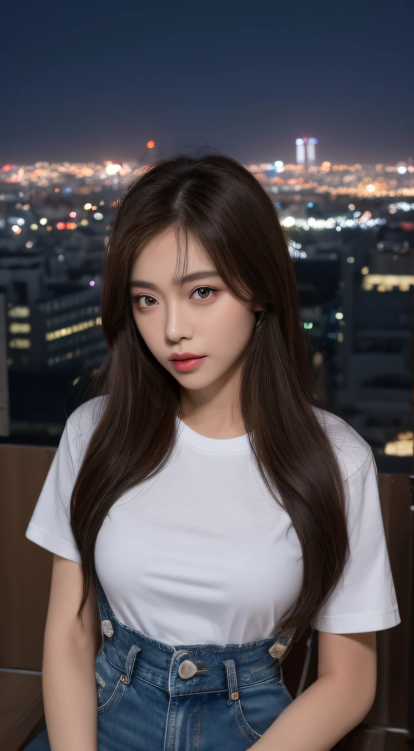 ((Midnight, Best quality, 8k, Masterpiece :1.3)), Whole body, Long legs, Sharp focus :1.2, A pretty woman with perfect figure :1.4, Slender abs :1.1, ((Dark brown hair, Big breasts :1.2)), (White tight tshirt, Jean bib, Standing:1.2), ((Night city view, Rooftop:1.3)), Highly detailed face and skin texture, Detailed eyes, Double eyelid