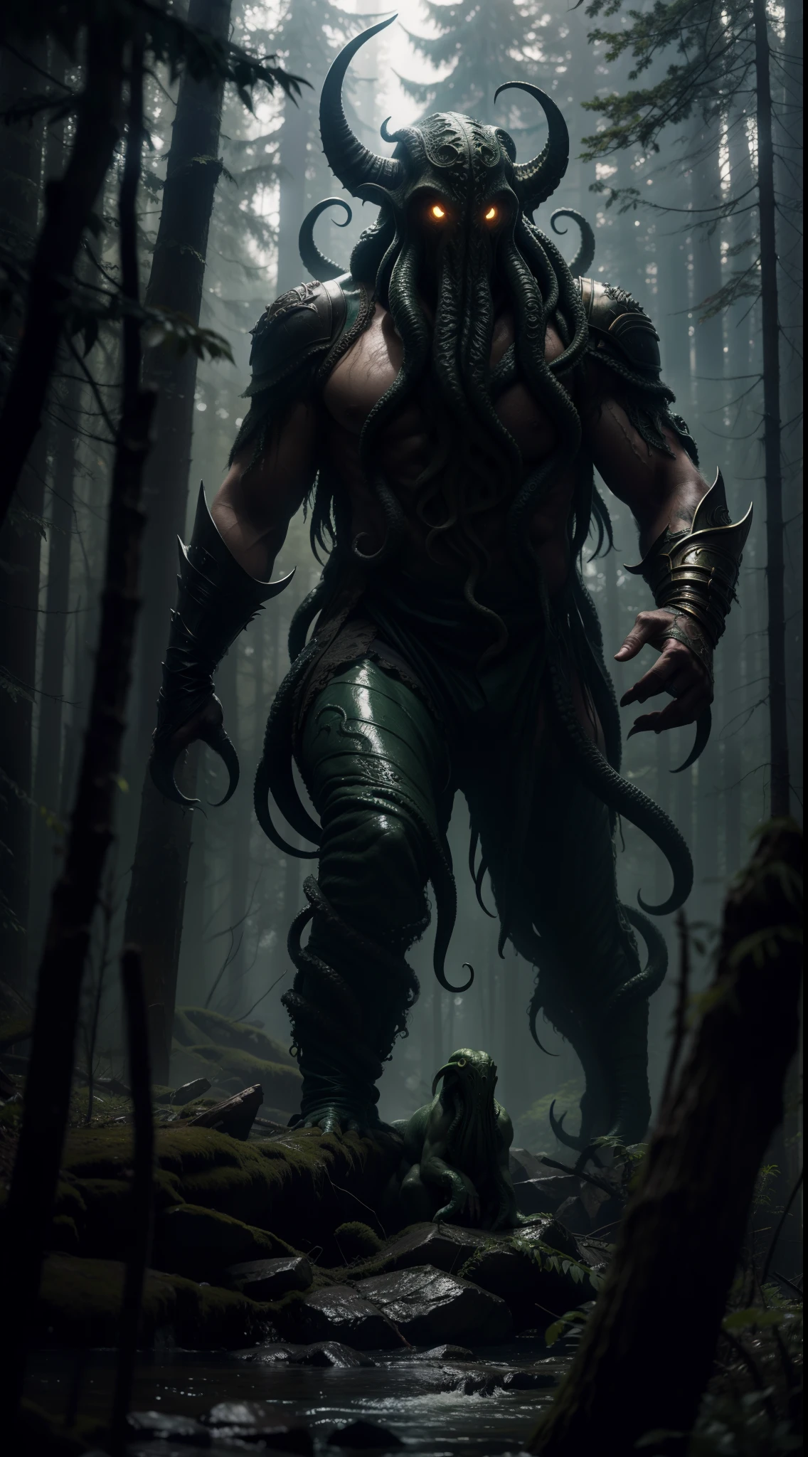 cthulhu towering over the forest, 8 k octane beautifully detailed render, post - processing, extremely hyper - detailed, intricate, epic composition, cinematic lighting, masterpiece, trending on artstation, masterpiece, stunning art by anders zorn, wonderful masterpiece by greg rutkowski, beautiful cinematic