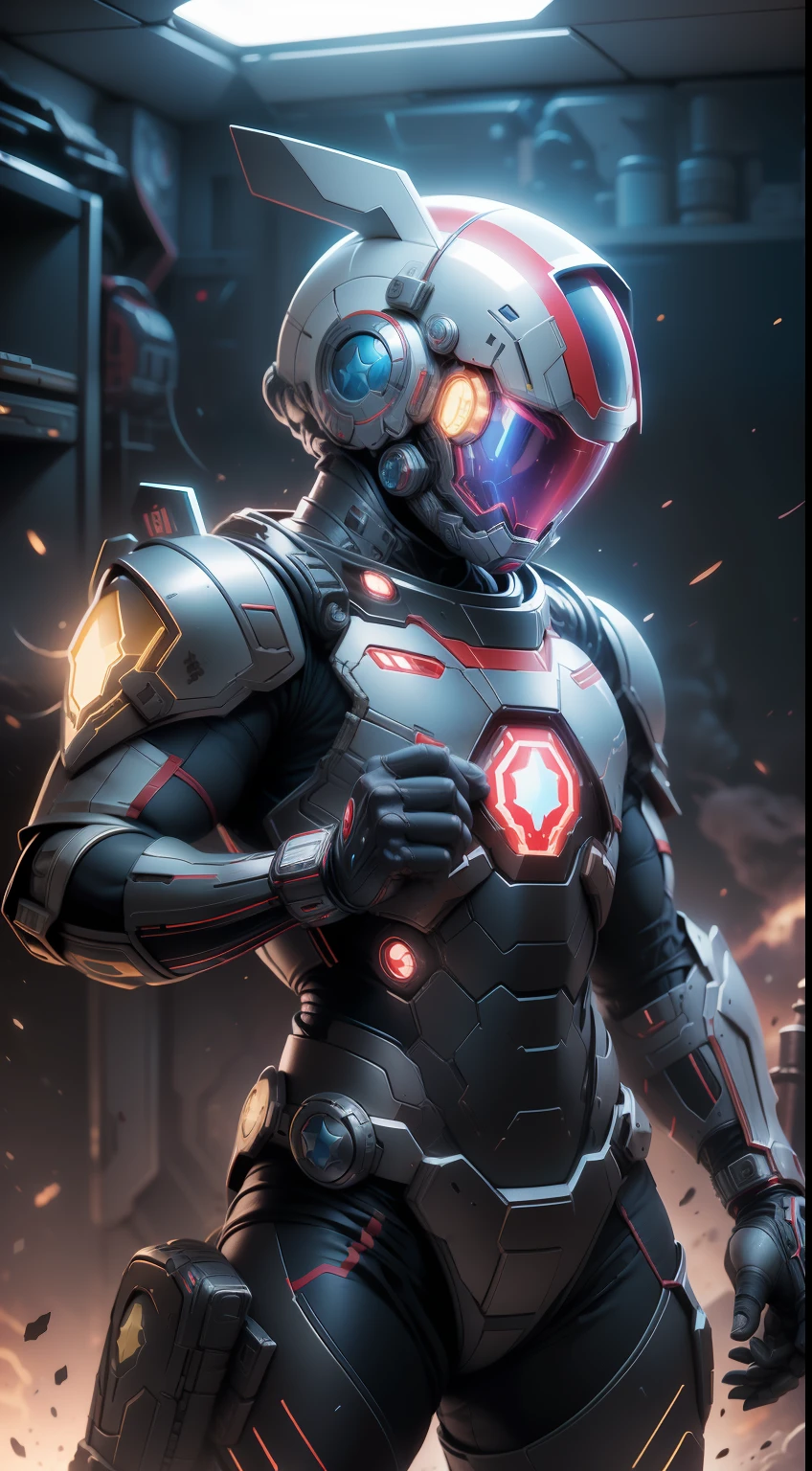 hiper-realista, poderoso, Clown colored armor (Capacete Marvel Homem de Ferro), His cybernetic helmet glows in the darkness of space, the legs are muscular, feet are claws, Sempre pronto para qualquer desafio, Estilo de Alena Aenami,ground angle,A Long Shot