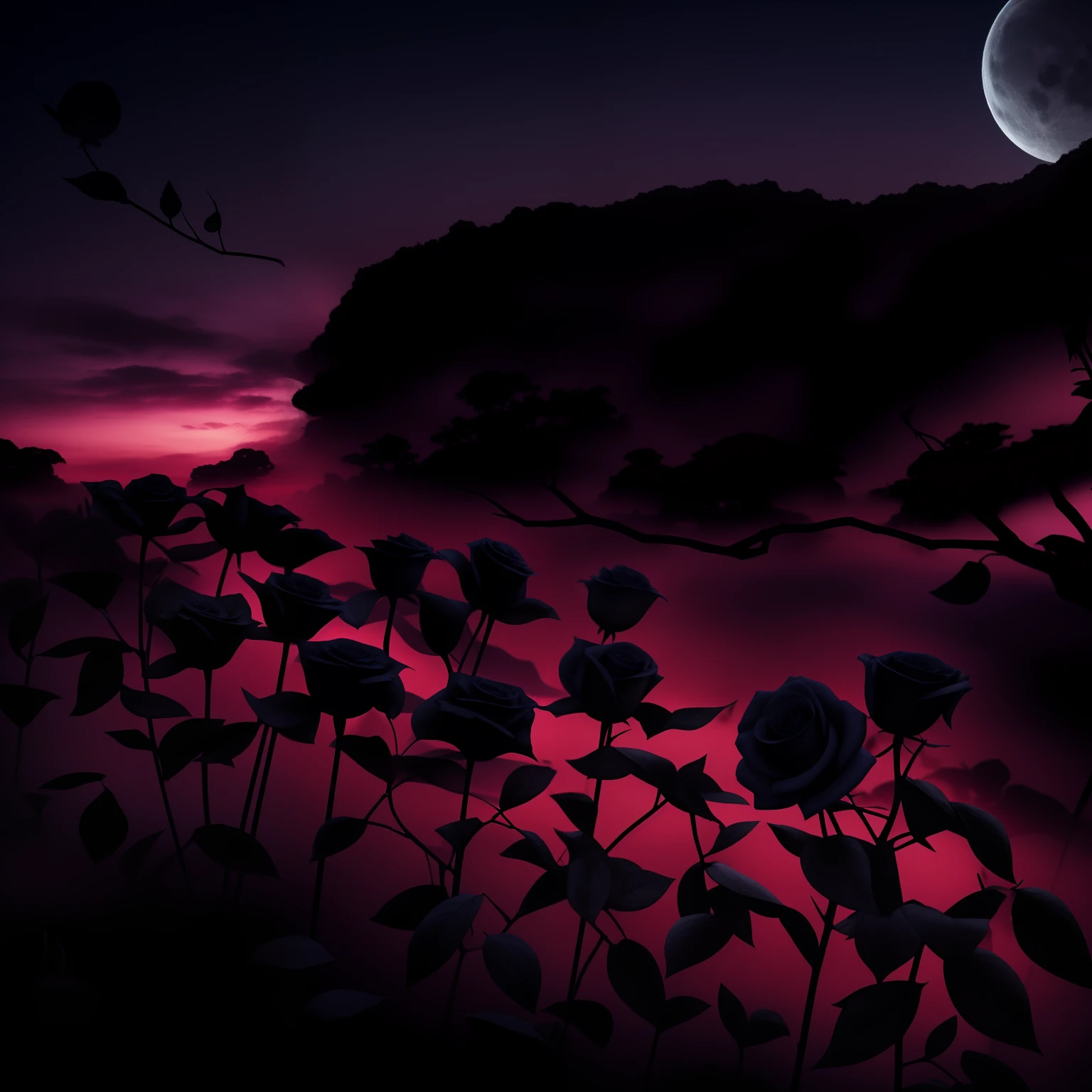 Black Rose Garden on a Moonlit Night、A garden of phantom black roses dyed in the dawn moon