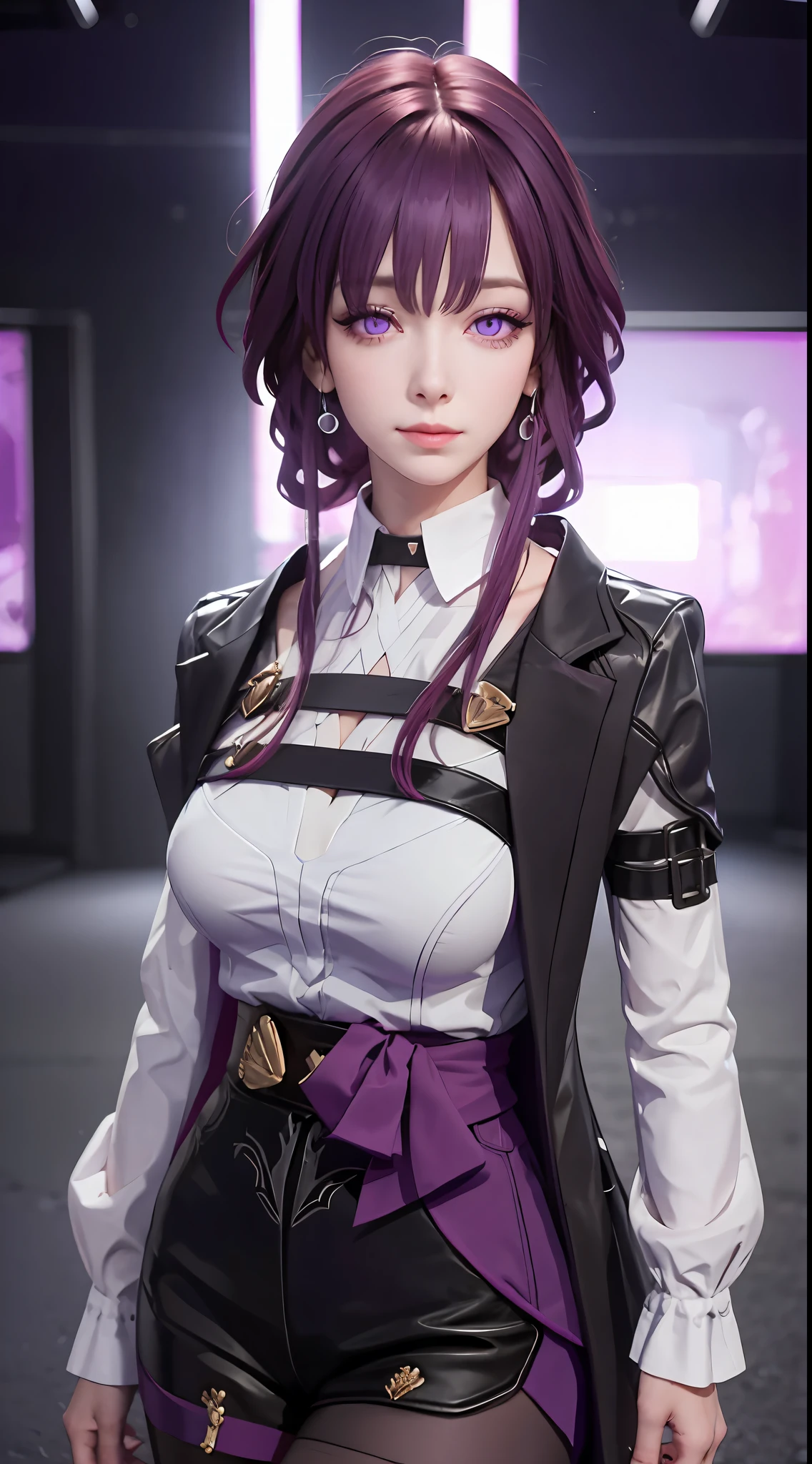 Masterpiece, Best Quality, 1girl, Official, Two Purple Eyes, Purple Hair, Bustiness, Cowboy Shot, Looking at the Audience, Dark, (Darkness), Cinematic Light, Edge Light, Detailed Eyes, (pureerosface_v1:0.5), Looking at the Audience, (Realisticity: 1.2), Provocative, Honkai Star Track, Arrogant, Bangs Evil Face, Fantasy Background, Symmetry of Left and Right Eyes
