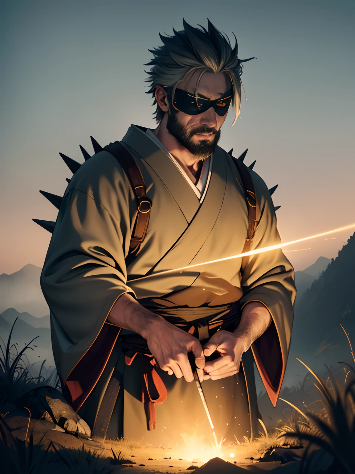 (RAW photo, 4k, master piece, highest resolution, extremely complex) (realistic: 1.4), Cinematic lighting, Highlight, splendor, on a hill, medieval\(Style\), (best quality), (High ),( Kenpachi Zaraki, eye patch, spiky hair, Japanese clothing, blood, yellow light, atmosphere),(8k face),(ULZZANG-6500:1.0),(alone),(Viewers),look to the side,(side) ,(lush day),((speed)),(reality),masterpiece, best quality,