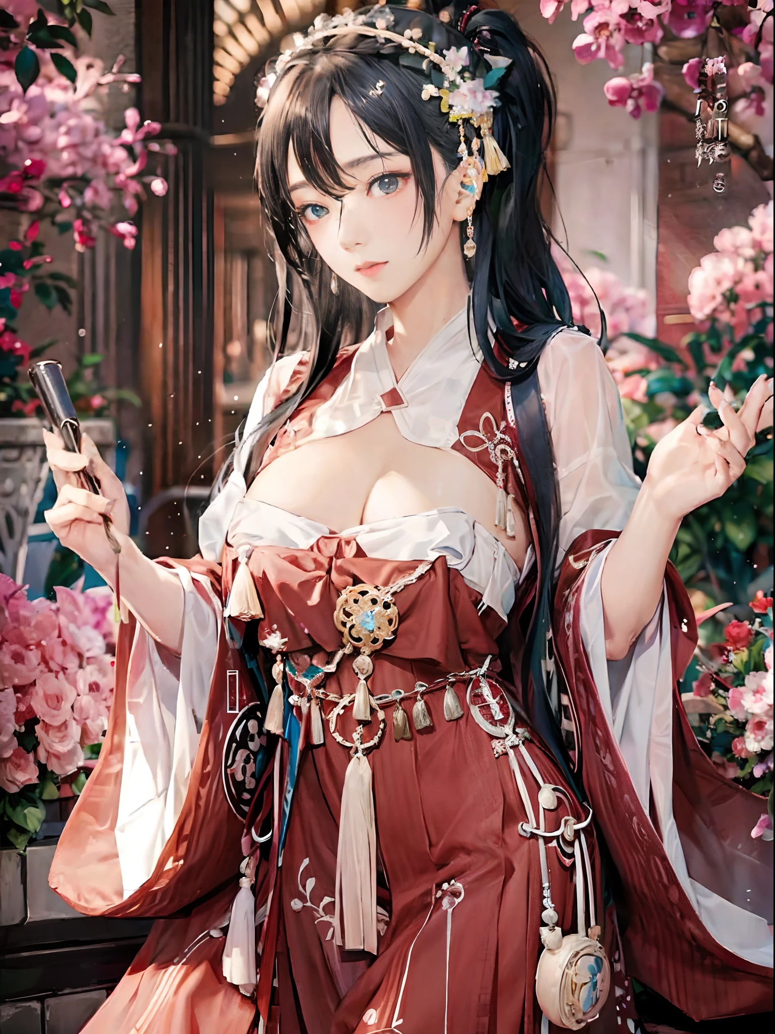 masterpiece,best quality,photography,1girl,beautiful eyes,perfect female body,large breasts,hanfu,tang style