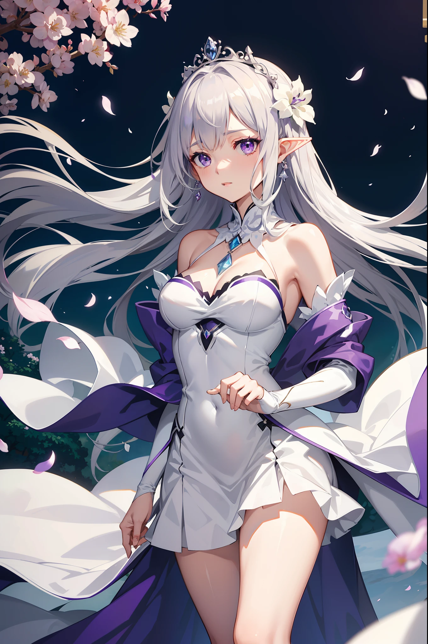 Emilia from Re:Zero kara Hajimeru Isekai Seikatsu, half elf, gorgeous white and purple wet elegant wedding dress, holding a bunch of clematis, silk accesory, veil, grace hair style, flower flying effect, garden background, perfect body shape, small breast, empress and forzen aura, detailed skin, silver necklace, diamond ring, masterpieces, silver and light purple pupil, heavy make up, best quality anime 4k wallpaper quality, extreme eye detail, flower earring, belt, collar, silver crown