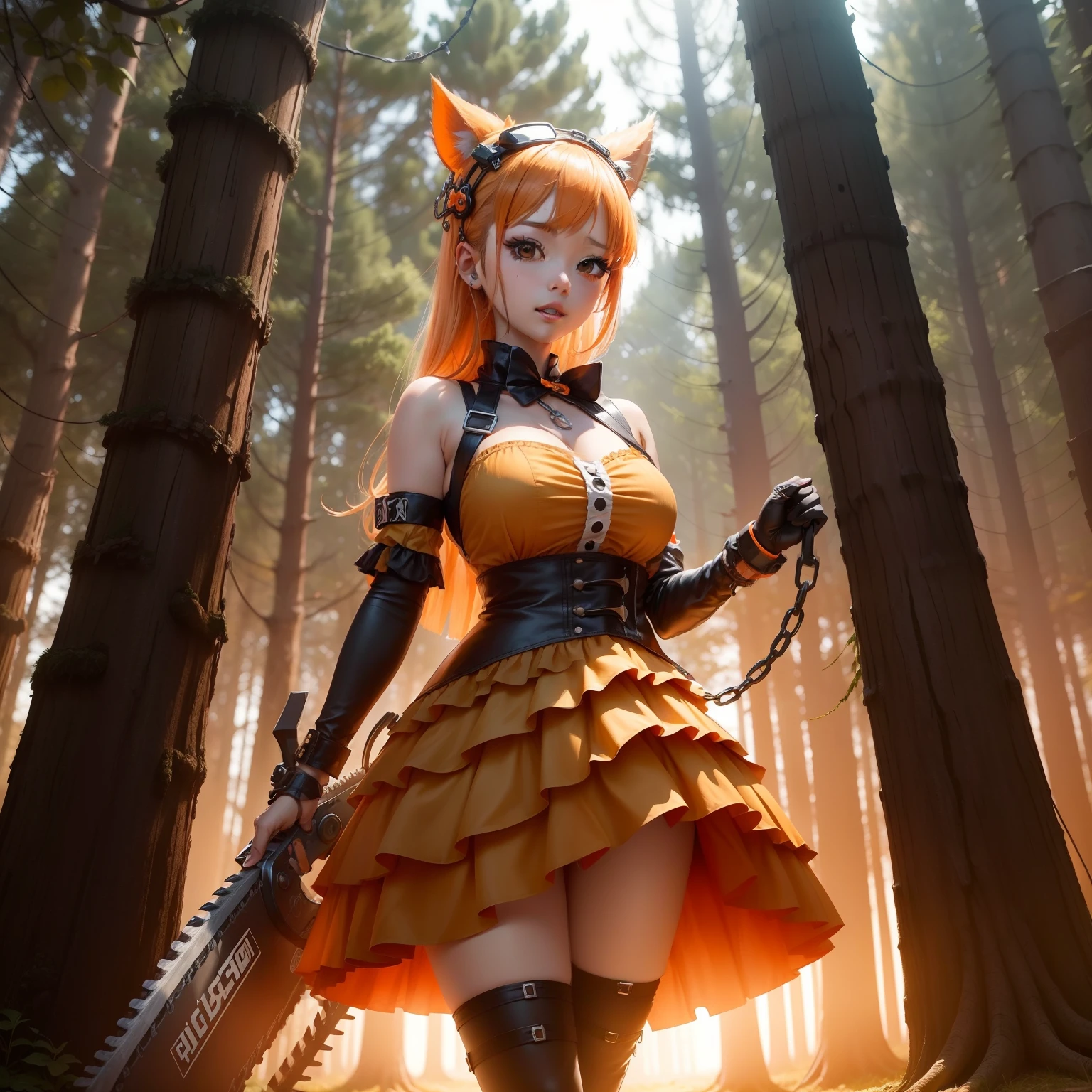 Female idol covered in chainsaws（Cute costumes、）、Looks fun、full body Esbian、、The tree、orange colors、Big Chainsaw