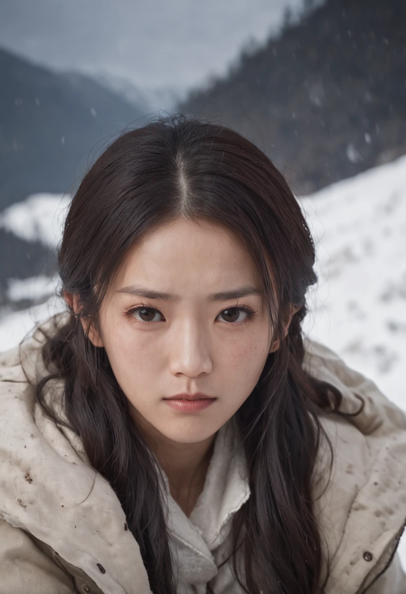 A long-haired Asian girl, Old off-white cotton jacket, Sit in front of the fire, The background is a snowy mountain in the wind and snow。Dark tones, Movie light。Heads-up mid-view, Cinematic style, complexdetails, HDR, black hair, dreadlocks, mole under eye, crying with eyes open, sad, bust chart, Verism, Realism, god rays, 8K, UHD, anatomically correct, masterpiece