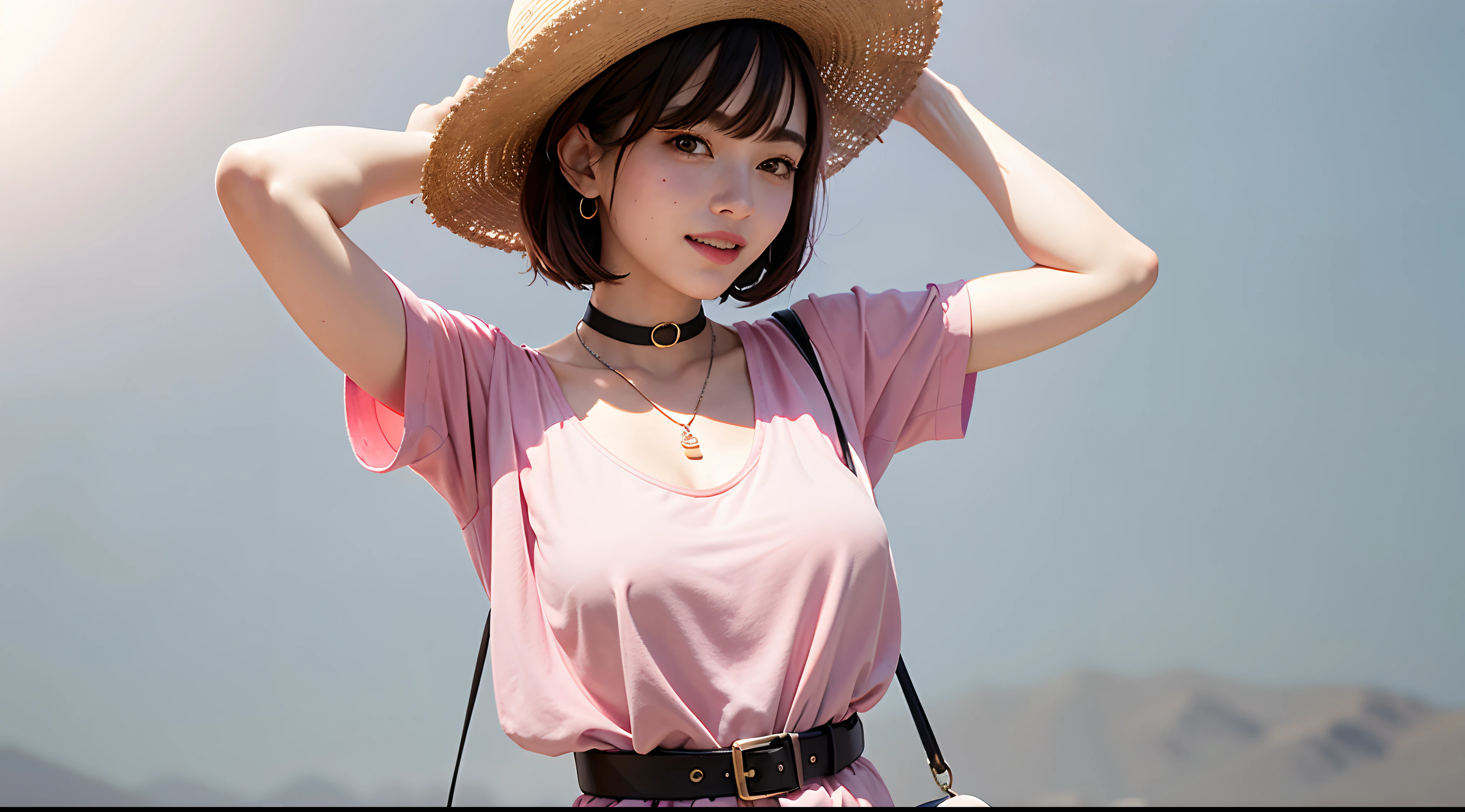 Pink theme,(grey background),1girl, arms_up, bag, bangs, basket, belt, black_choker,blush, brown_eyes, pink_hair, choker, collarbone, cowboy_shot,dress, eyebrows_visible_through_hair,hair_between_eyes, hair_ornament, hairclip, hand_on_headwear, handbag, hands_on_headwear, hat, jacket, jewelry, looking_at_viewer, medium_breasts, necklace, open_clothes,short_hair, short_sleeves, shoulder_bag, skirt, sky, smile, solo, straw_hat, sun_hat,virtual_youtuber, summer_dress