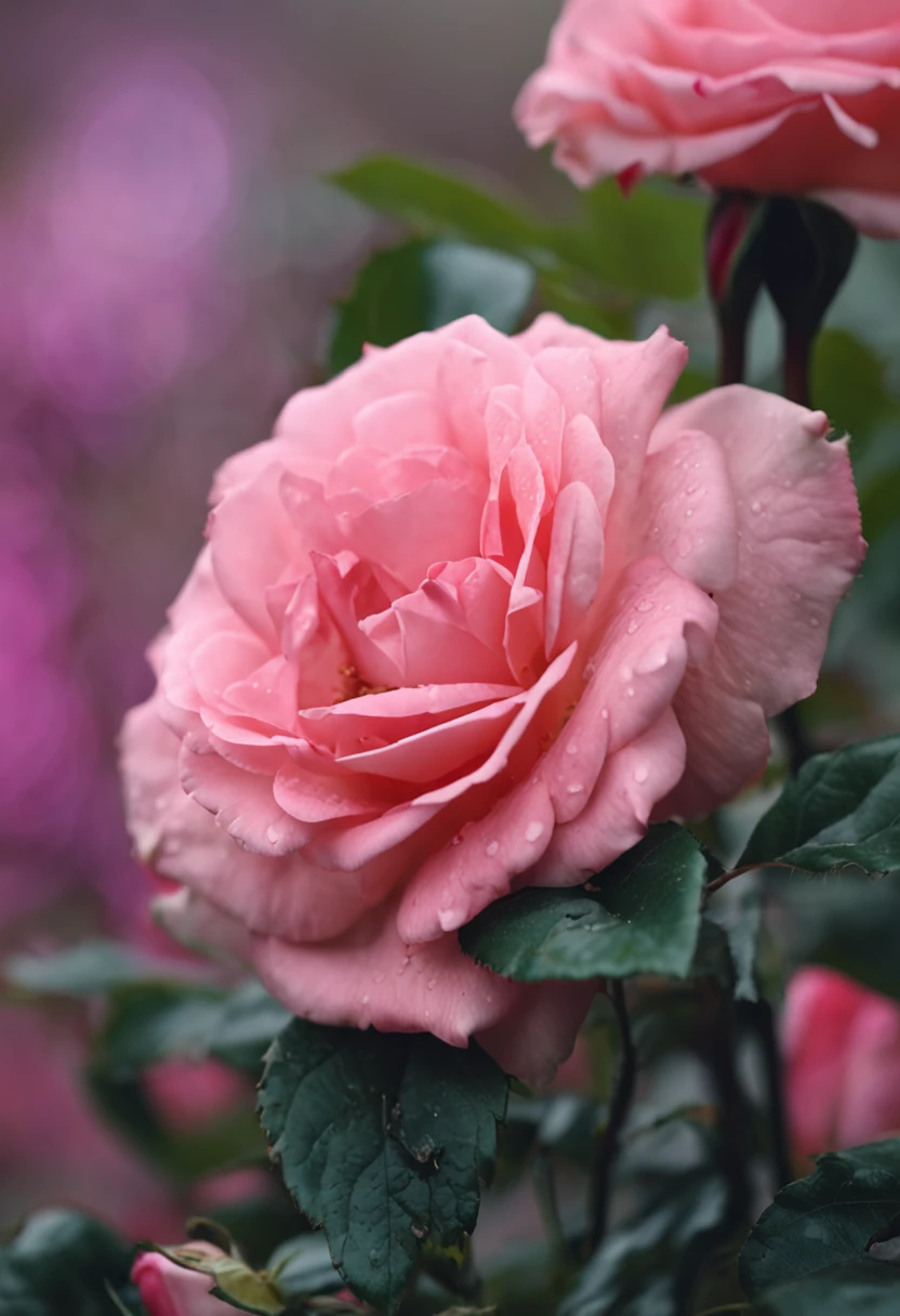 There is a clump of pink roses outside the house,Beautiful and aesthetic,with soft pink colors,Beautiful beauty,Roses in movie lights,Lush flowers outdoors,Natural and floral aesthetics,rose garden,rosette,portal made of roses,Beautiful images, rosette, Fantastic aesthetics, In a cottage core garden,