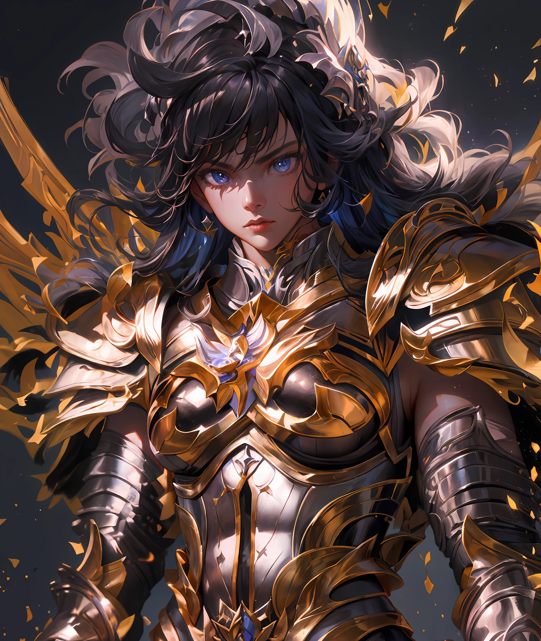 Ultra-high saturation，（tmasterpiece）， fully body photo，（best qualtiy）， （1girll）， starryskybackground，Wearing shiny gold armor， Sexy lingerie type armor，Expose your chest，Expose the waistline，Exposing thighs，cool-pose， Saint Seiya Armor， messy  hair，high detal, Anime style, Cinematic lighting, Sparkle, god light, Ray traching, filmgrain, hyper HD, textureskin, super detailing, Anatomical correct, A high resolution，Ultra-high saturation，hight contrast，High-gloss armor，Smooth skin，Serious expressions,Dark room,