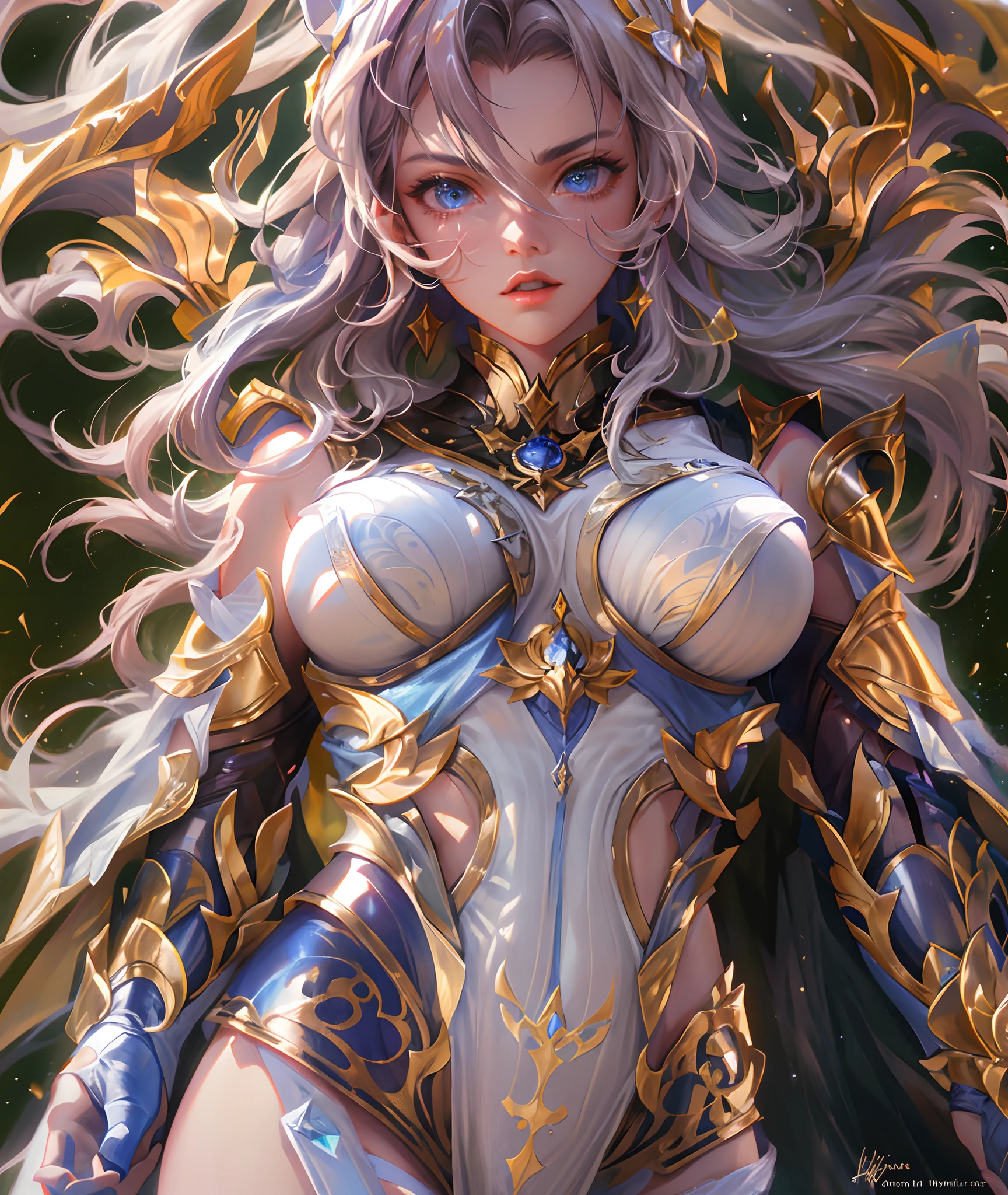 Ultra-high saturation,(tmasterpiece), fully body photo,(best qualtiy), (1girll), starryskybackground,Wearing shiny gold armor, Sexy lingerie type armor,Expose your chest,Expose the waistline,Exposing thighs,cool-pose, Saint Seiya Armor, messy hair,high detal, Anime style, Cinematic lighting, Sparkle, god light, Ray traching, filmgrain, hyper HD, textureskin, super detailing, Anatomical correct, A high resolution,Ultra-high saturation,hight contrast,High-gloss armor,Smooth skin,Serious expressions,Dark room,
