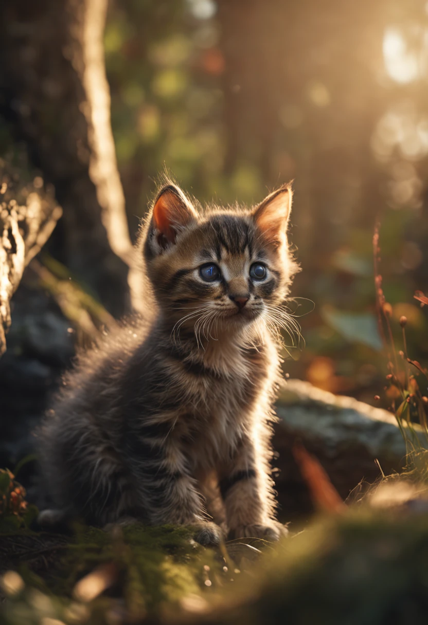 Very cute closeup photo of kitten sitting in the forest, Soft volumetric lamp (retroiluminação: 1.3), (kinematics: 1.2), intricately details
