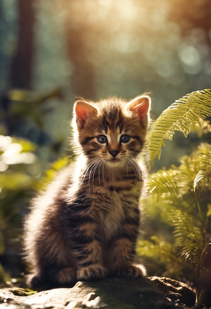 Very cute closeup photo of kitten sitting in the forest, Soft volumetric lamp (retroiluminação: 1.3), (kinematics: 1.2), intricately details