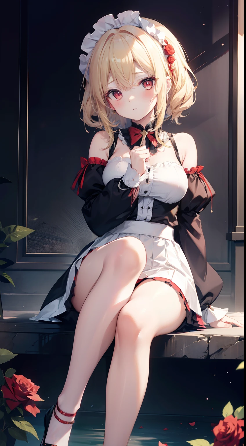 a blond、red eyes、One pretty girl、独奏、animesque、Maids、off shoulders、a miniskirt、sitting on、rose garden、Meticulous feet、Beautifully aligned fingers