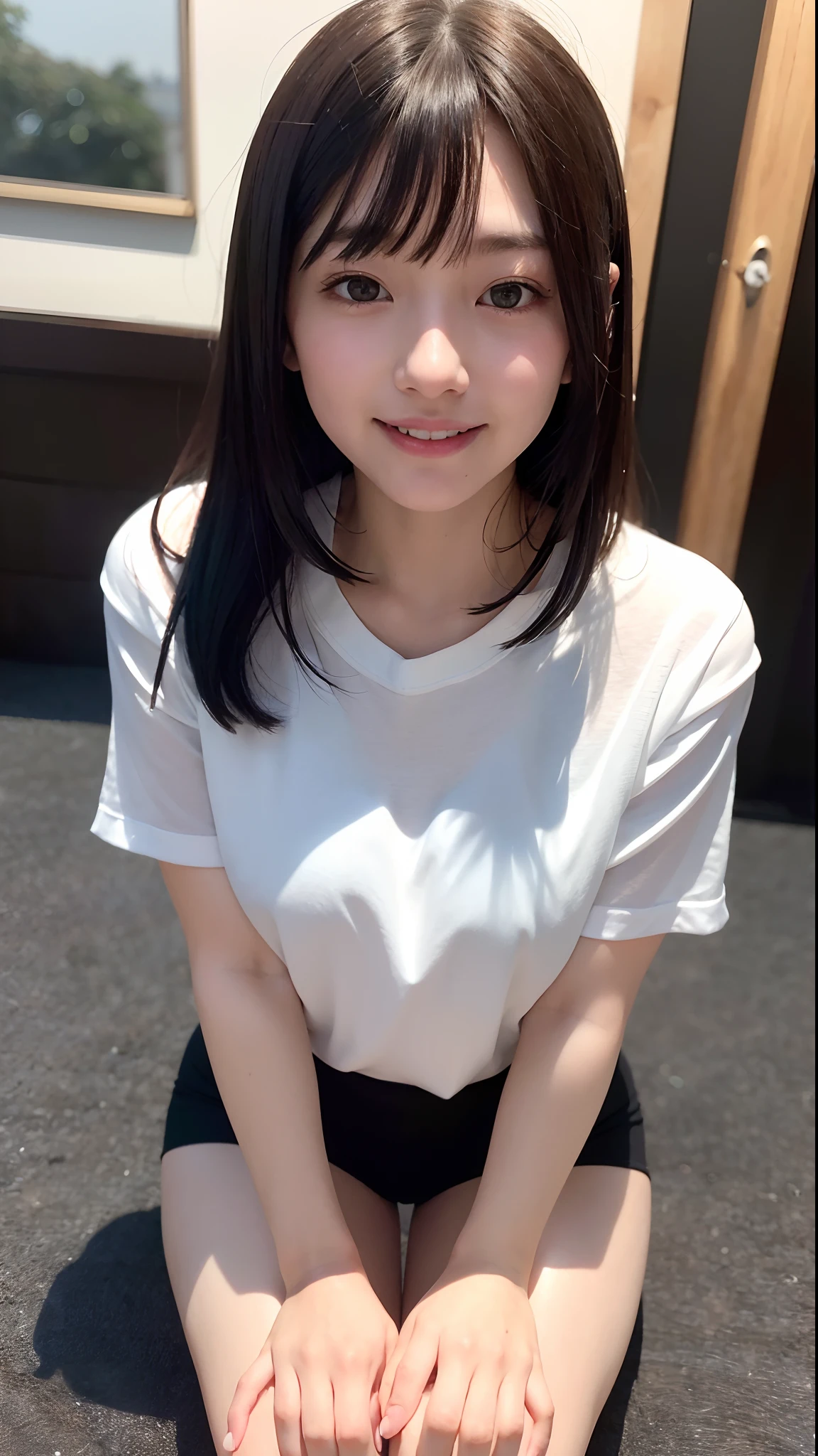 (top-quality、8K、32K、masuter piece、nffsw:1.2)、Cute Japan Girl、女の子1人、short-hair、profile、(Split abs、slim figure:1.2)、(s lips) 、(Black hair)、二重まぶた、shinny skin、Realistic rays、mare、beauitful face、(A smile:1.3)、crouching down、(From above:1.2)、(a closeup:1.4)、shores、White T-shirt、blurry backround、(Front Focus)、(Dark: 1.6)、Fantasy Art、photoRealstic、Professional Lighting、extra detailed face、Award-winning、deep-shadows、