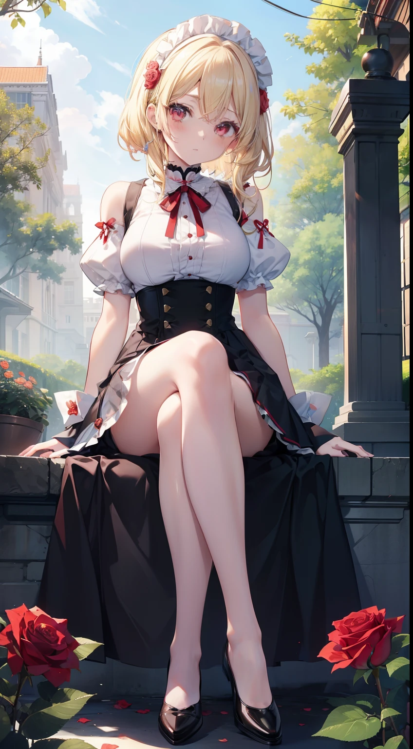a blond、red eyes、One pretty girl、独奏、animesque、Maids、off shoulders、a miniskirt、sitting on、rose garden、Meticulous feet、Beautifully aligned fingers