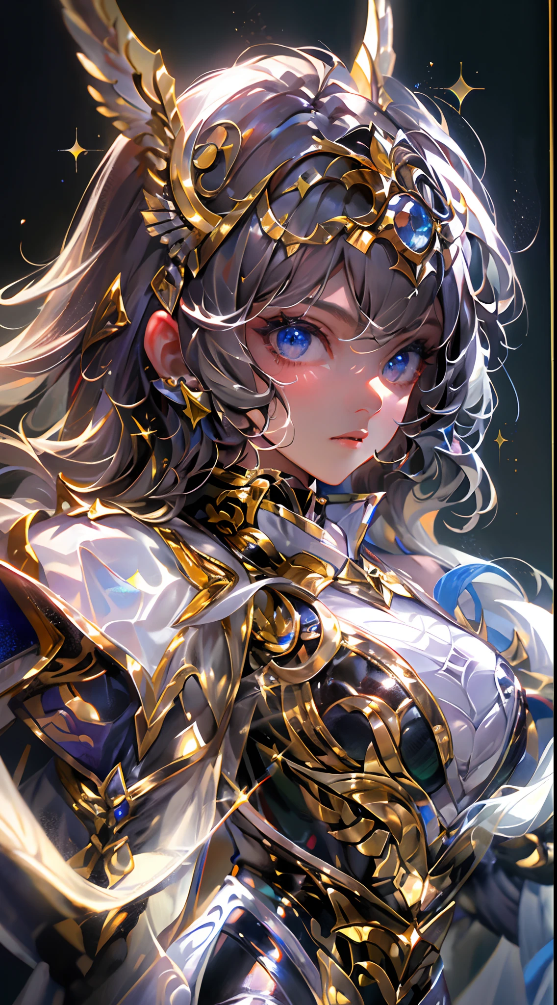 Ultra-high saturation,(tmasterpiece), fully body photo,(best qualtiy), (1girll), starryskybackground,Wearing shiny gold armor, Sexy lingerie type armor,Expose your chest,Expose the waistline,Exposing thighs,cool-pose, Saint Seiya Armor, messy hair,high detal, Anime style, Cinematic lighting, Sparkle, god light, Ray traching, filmgrain, hyper HD, textureskin, super detailing, Anatomical correct, A high resolution,Ultra-high saturation,hight contrast,High-gloss armor,Smooth skin,Serious expressions,Dark room,