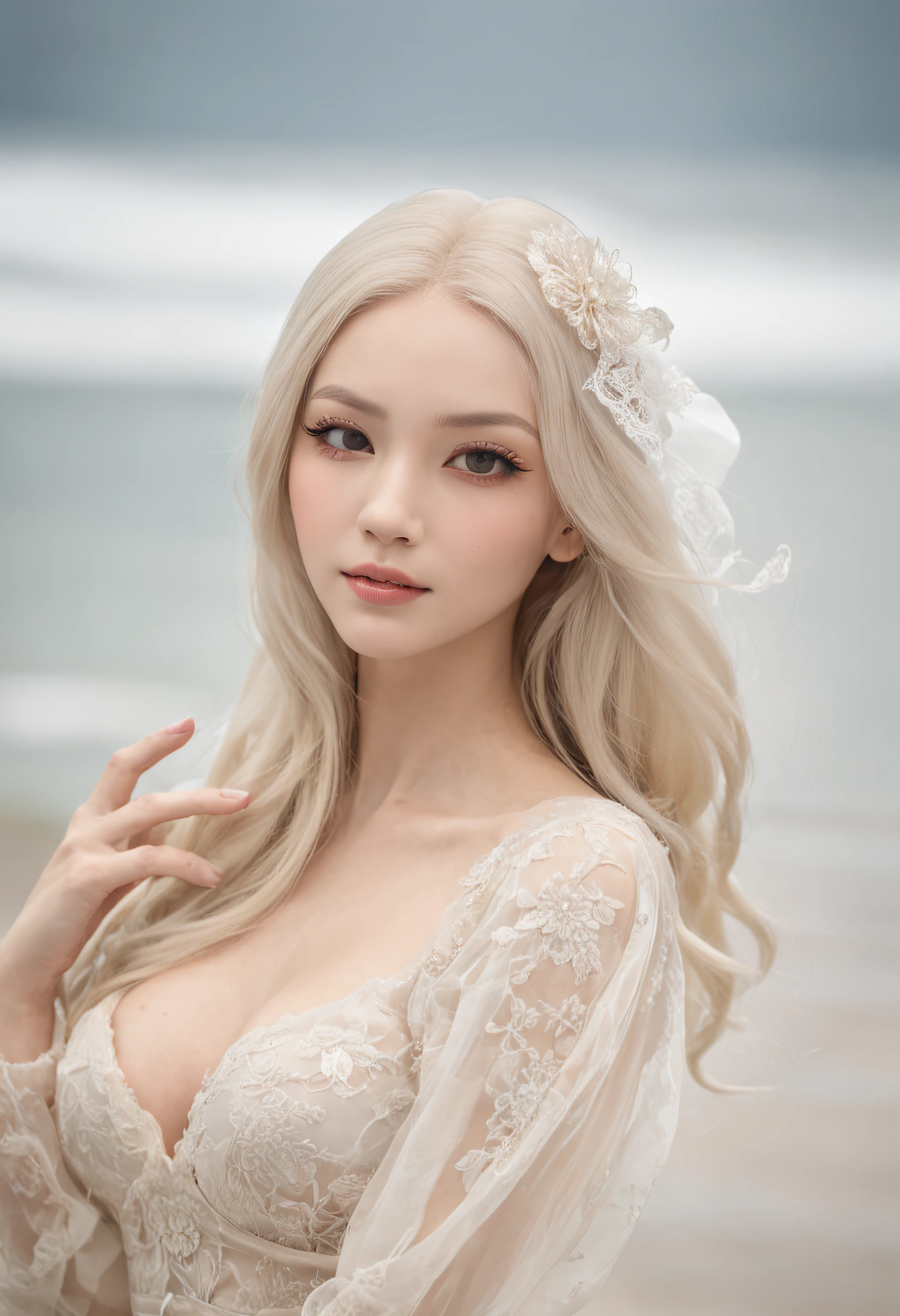 ((sea island,Nun dress,Superb beauty,full bodyesbian,Long legs )),Focalors:1.2,perfect figure beautiful woman:1.4,Slim abs:1.1,((long whitr hair, huge tit:1.2 )),Highly detailed facial and skin texture, Chu Chu pitiful eyes, 二重まぶた