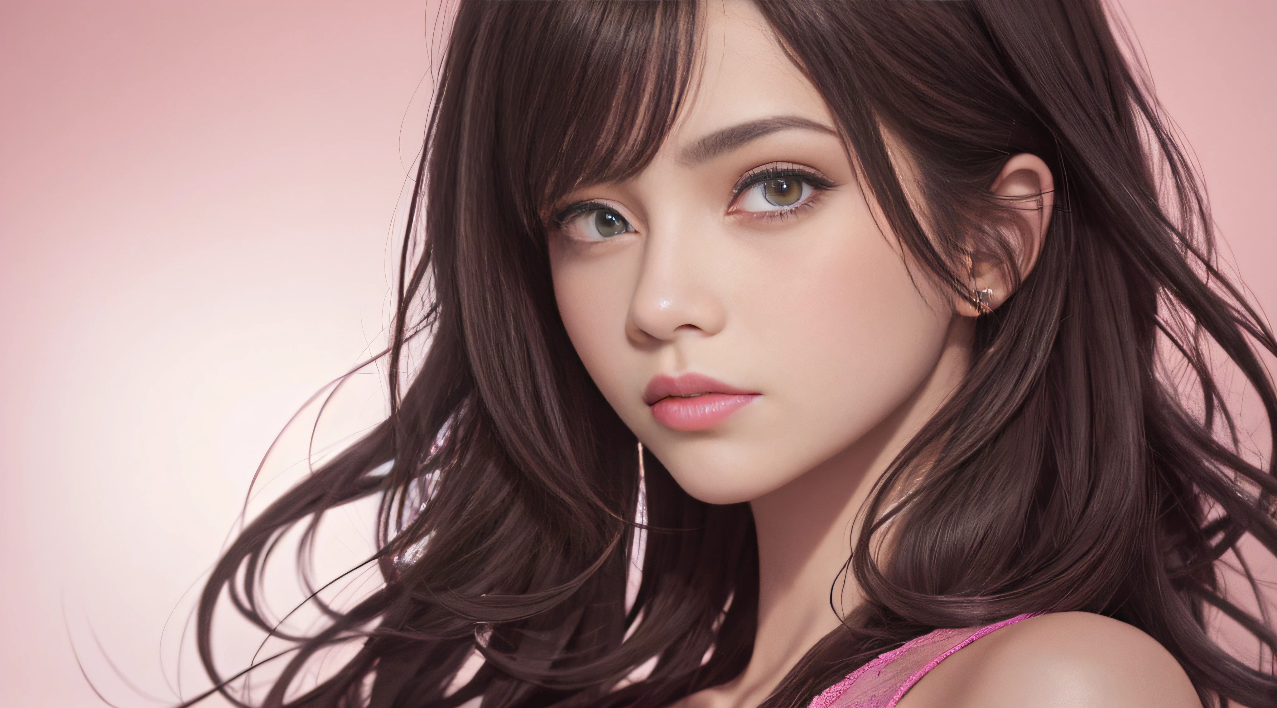 （Hyper Real）， （illustratio）， （A high resolution）， （8K）， （The is very detailed）， （Most Best Illustration）， （美丽细致的眼睛）， （best qualtiy）， （Super detail）， （tmasterpiece）， （Desktop wallpapers）， （Detailed face），zentangle，（abstract backgrounds：1.5）（1girll：1.3），pixie cut messy hair，pink background,looking at viewert，pink cloths,