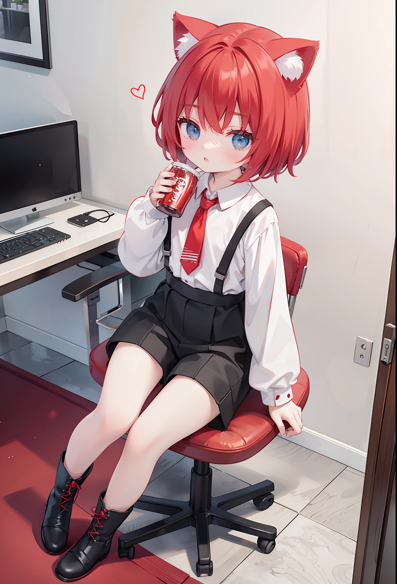Full body front photography office with one hand on the table，Sitting on chair holding coke in one hand drinking red short hair red cat ears boy wearing white long sleeve stand collar, black shorts, black socks, white snow boots