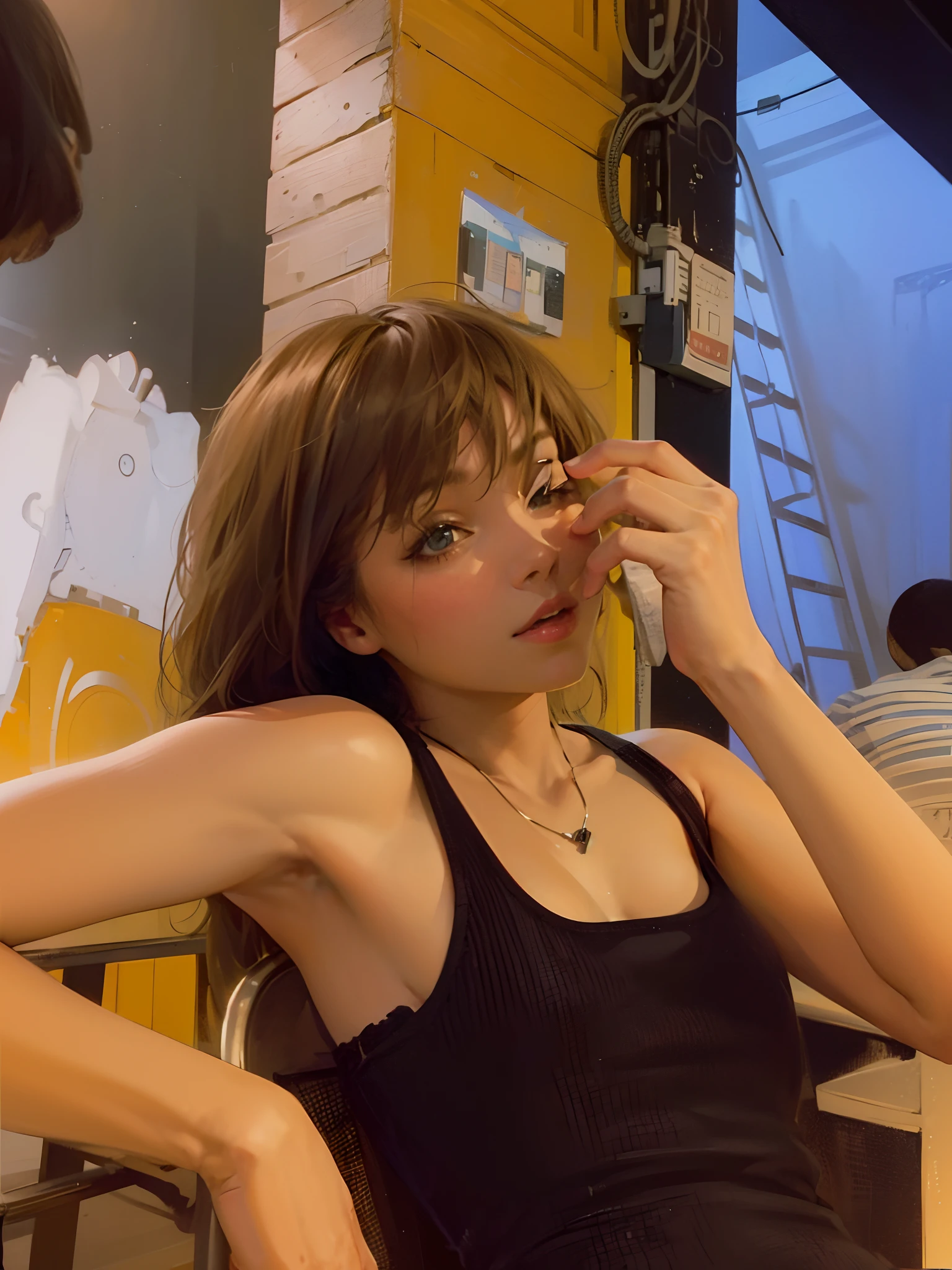 Woman in blue dress and blue tie, blue undergarments, cyan corset, costume with blue accents, upper torso included, Open V chest clothes, upper body avatar, hands behind her body pose!, short torso, mid body portrait, blue corset, wide torso, clear outfit design, inverted triangle body type