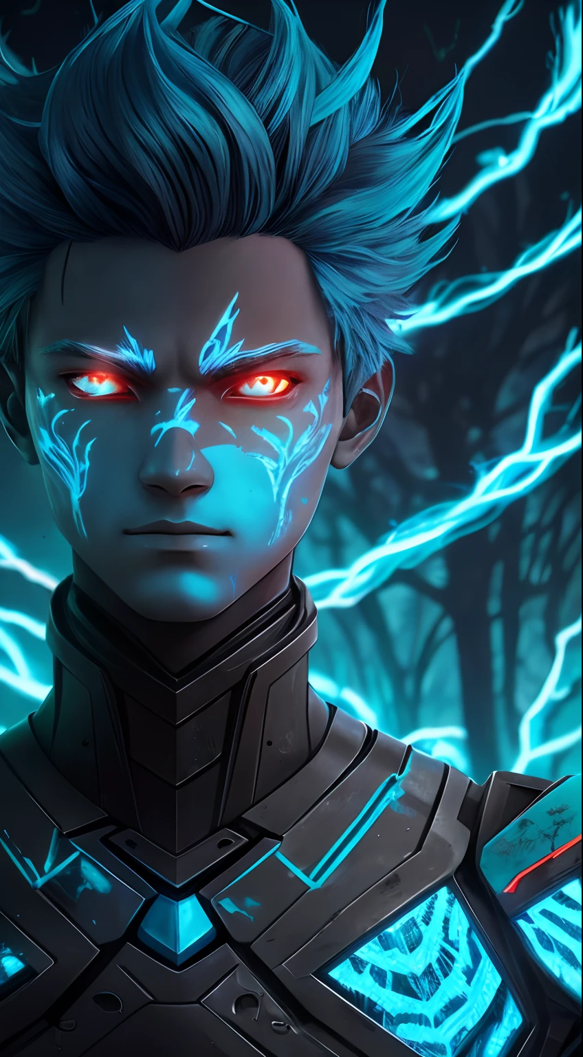 A cyan face cracked,Humanoid boy with red eyes, scutes,mechs,In the style of twisted branches, vray tracing, Made of insects, Burning/ charred, Process design, Supernatural creatures, Realistic characters, Underground fireflies, Burning blue cotton hair,Handsome ager