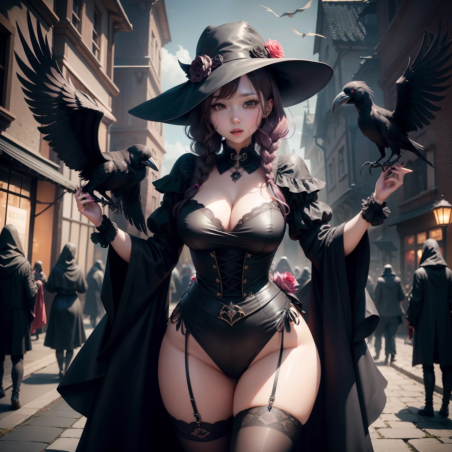 Female idol covered in plague doctor(Cute costumes、)、Looks fun、full body Esbian、、In a dark city、Crows are flying