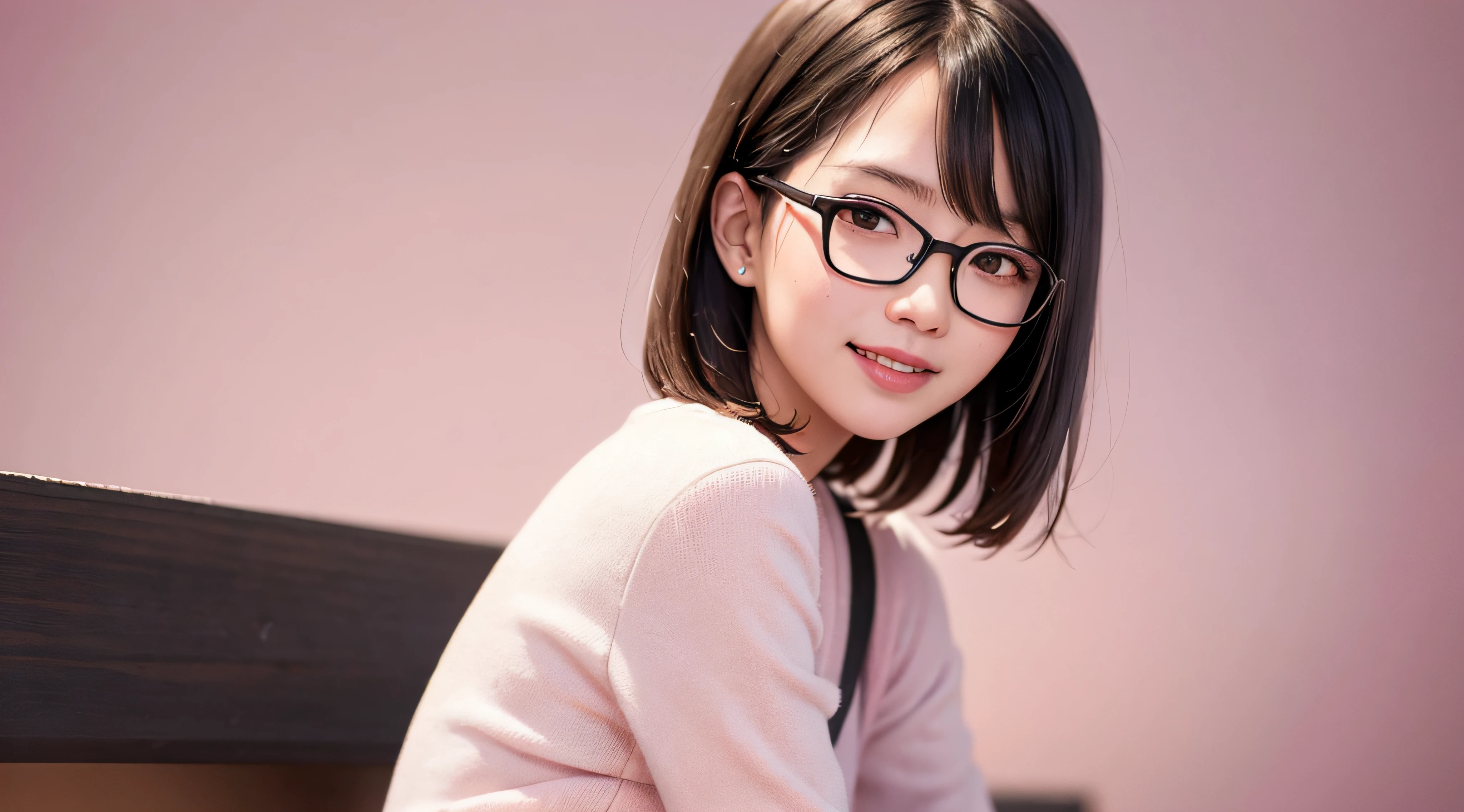 (((detailed pink background))),Japan girl in casual clothes on the streets of Tokyo, looking at the viewer, posing with a smile (highest quality, masterpiece))), high resolution, very detailed, masterpiece, cinematic lighting, (8K, highest quality, masterpiece: 1.2), (realistic, photorealistic: 1.37) Hi-Res, Super Detail, 1 Girl , Woman with Glasses, Asian, Cute, Cute Face, Solo, Short Hair 1.2, textured skin, beautiful smile, beautiful detailed sky, Detailed café, night, movie lighting, depth of field, lens flare light, sitting, dating, (blushing nose), (smile: 1.15), small breasts (mouth closed), eyes with beautiful details, (casual wear: 1.1), night, (short hair: 1.2), floating hair Nova Frog style,