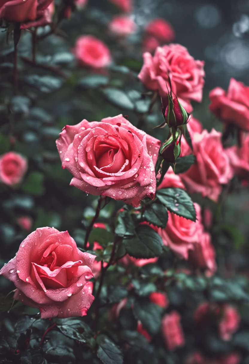 Rose in the rain，rose garden，Rose flower，artistic conception。