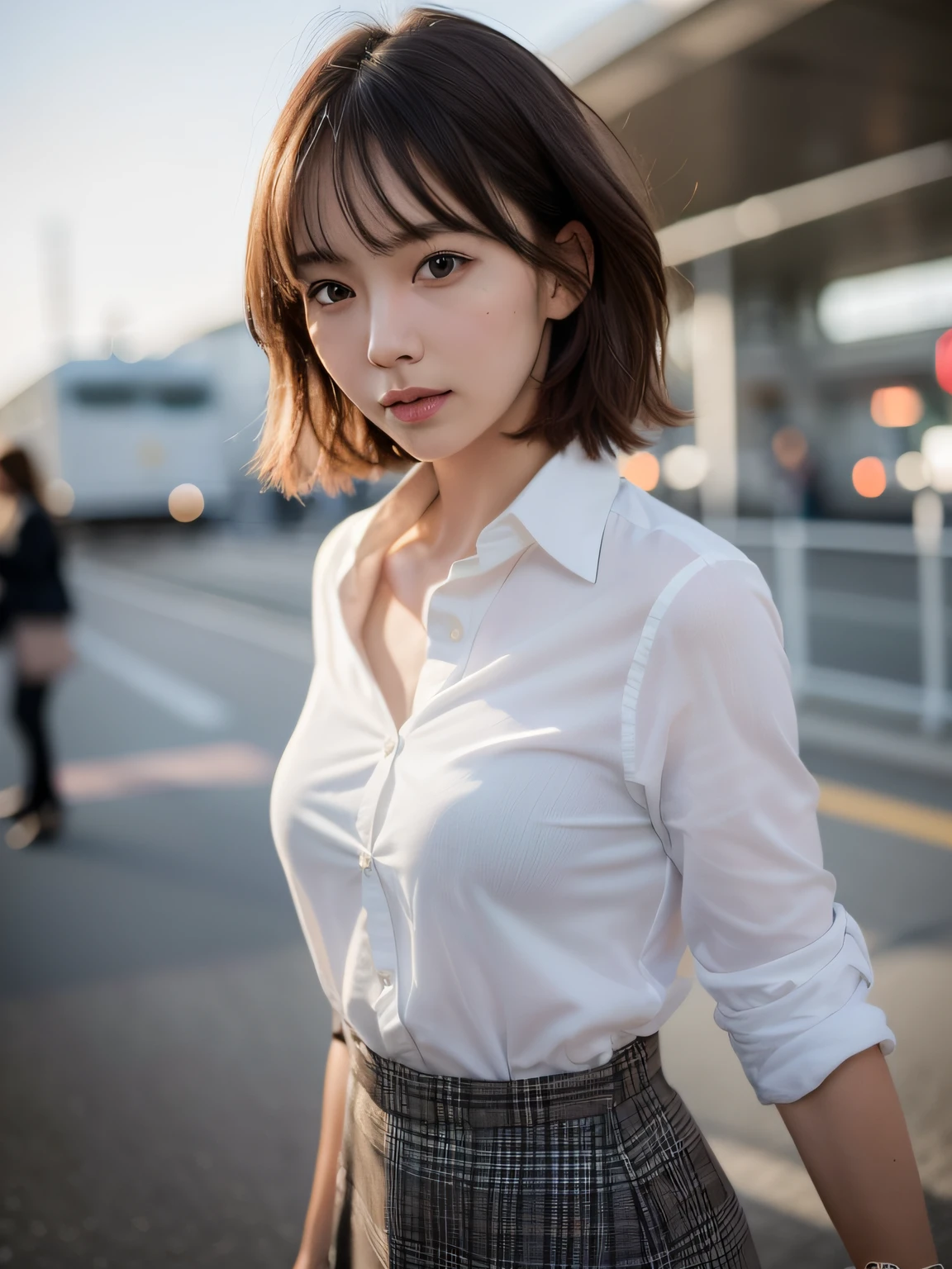 ((Best quality, 8k, Masterpiece: 1.3, raw photo)), Sharp focus: 1.2, (1 AESPA girl: 1.1), (realistic, photo-realistic:1.37), face focus, cute face, small breasts, flat chest, brunette short messy hair, walking, business suit skirt, white shirt, train terminal, air port, sunlight, cinematic lighting