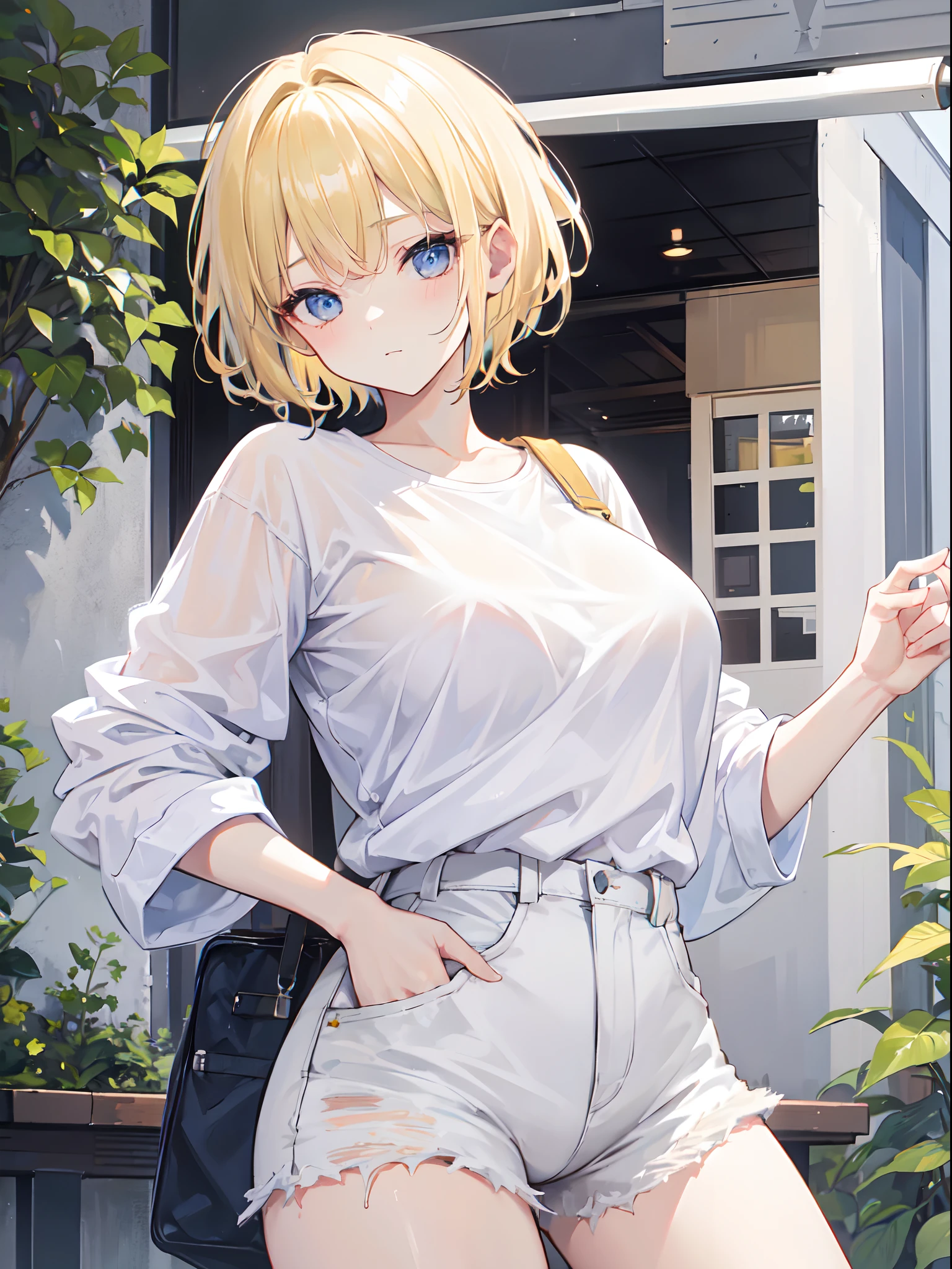 1 girl, short blonde hair, wearing a oversize plain white shirt, short rip jeans, , seol, absurdres, high res, utrasharp, 8k,masterpiece, looking at the viewer